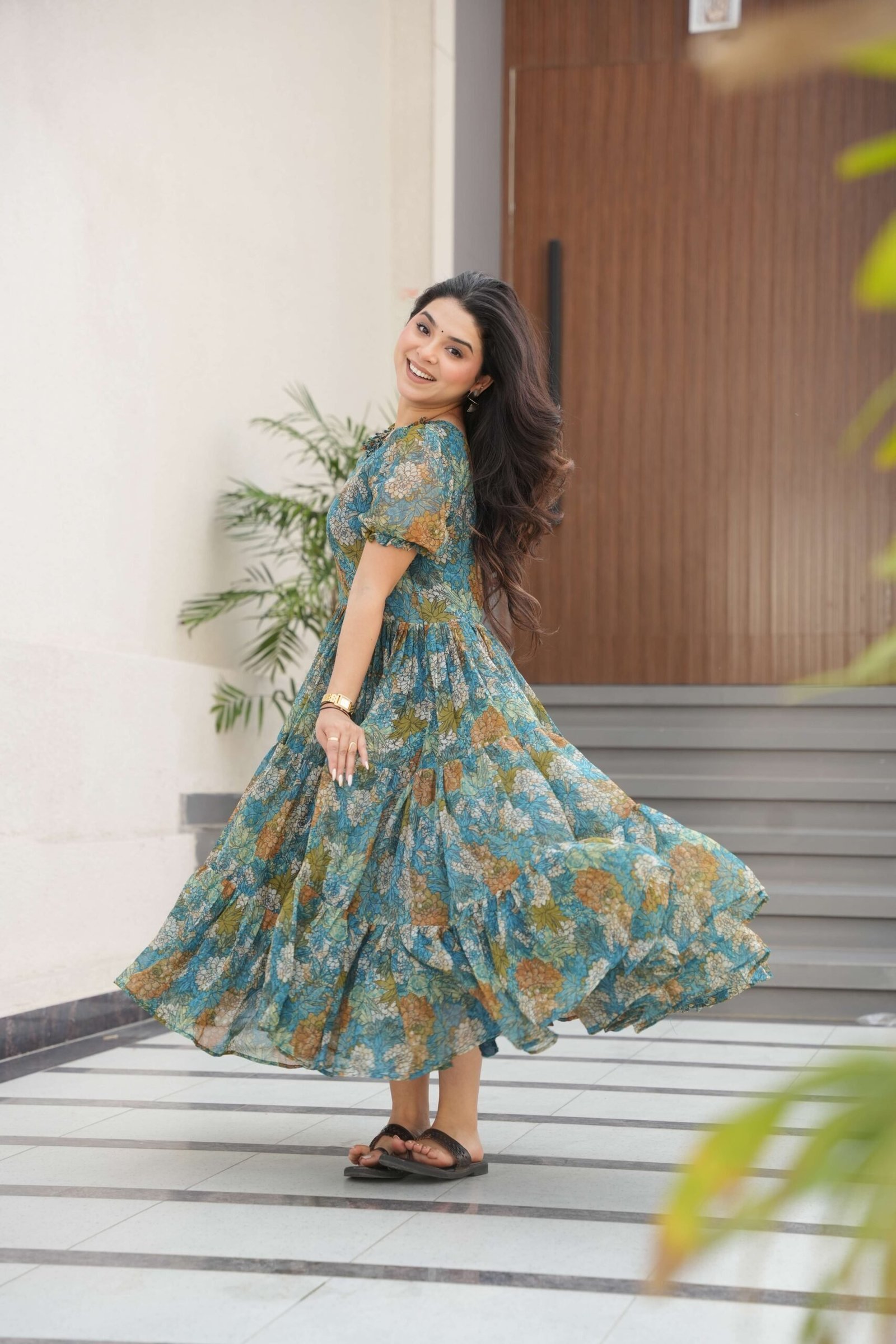 Blue Premium Faux Georgette Printed Full Flair Gown ? Collection