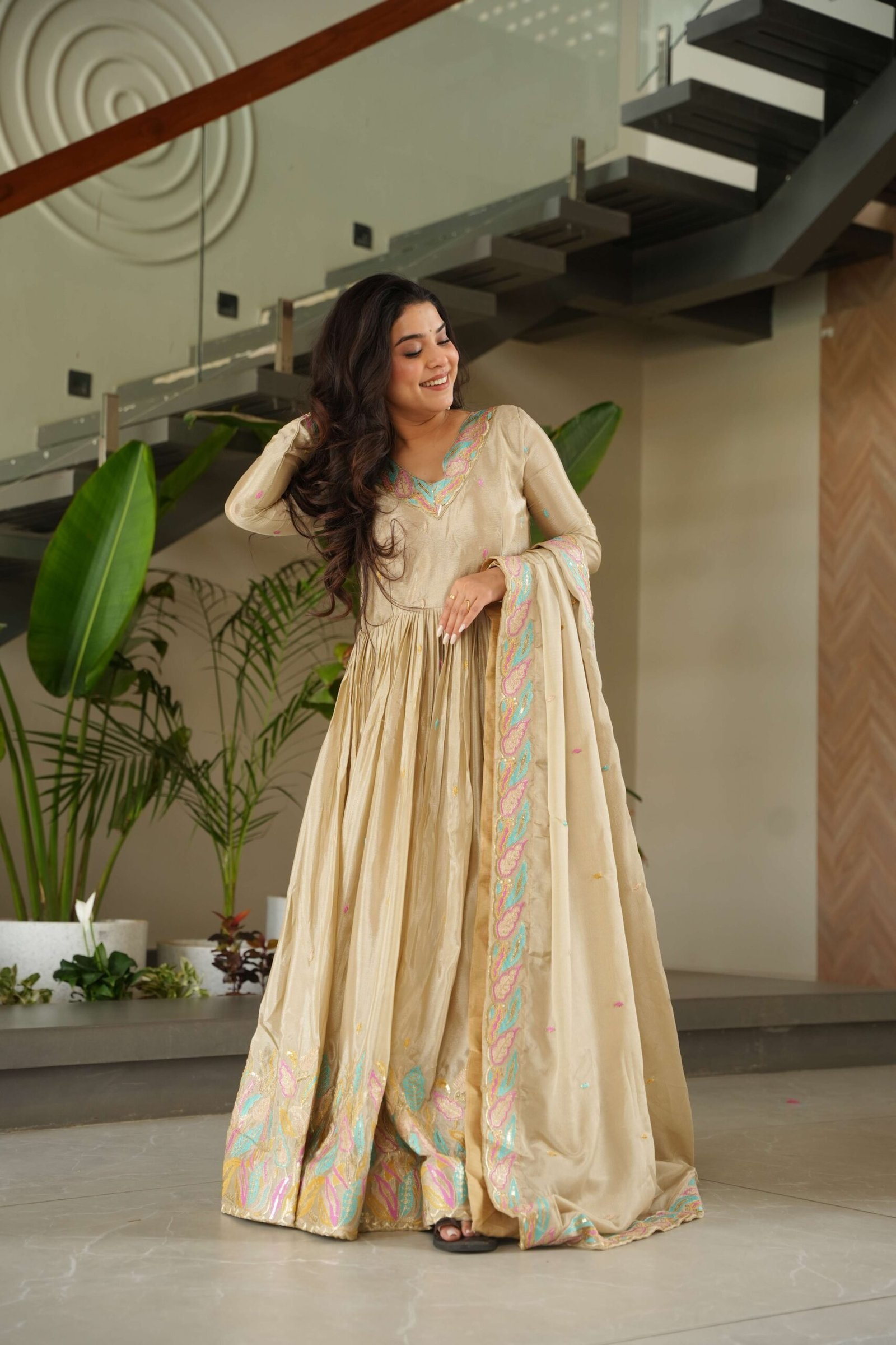 Chiku Premium Chinnon Gown with Dupatta ? Sequins & Multi-Thread Embroidered Work