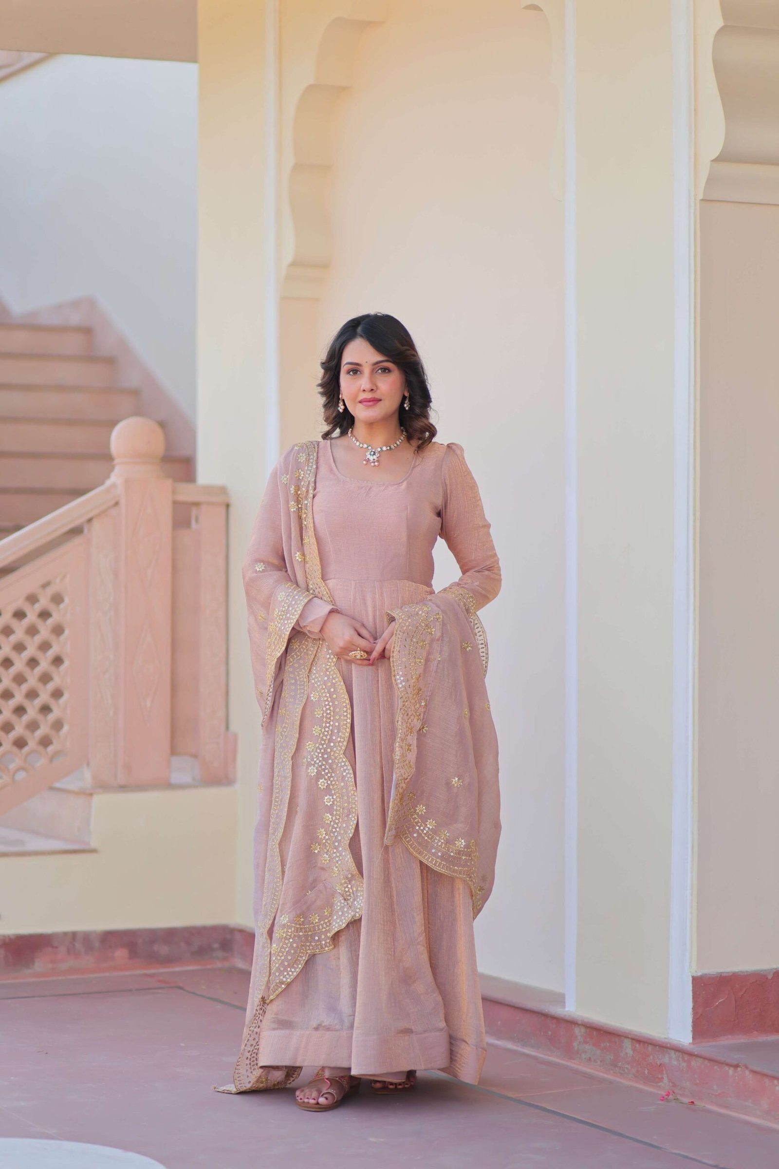Chiku Premium Fendy Chiffon Gown with Sequins & Zari Embroidered Dupatta ? Elegant Partywear