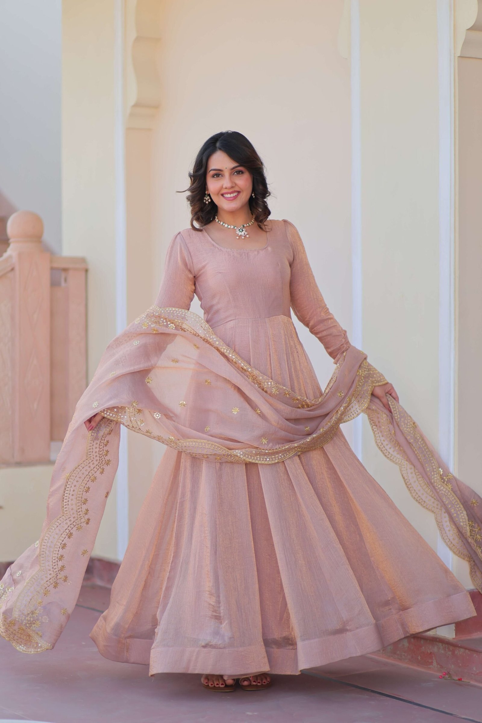 Chiku Premium Fendy Chiffon Gown with Sequins & Zari Embroidered Dupatta ? Elegant Partywear