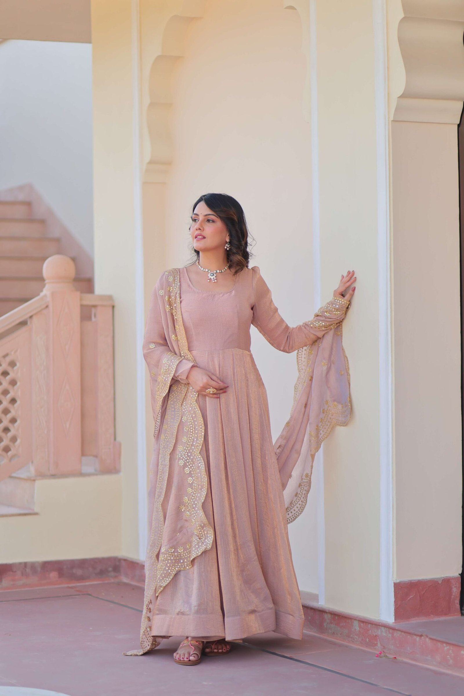 Chiku Premium Fendy Chiffon Gown with Sequins & Zari Embroidered Dupatta ? Elegant Partywear