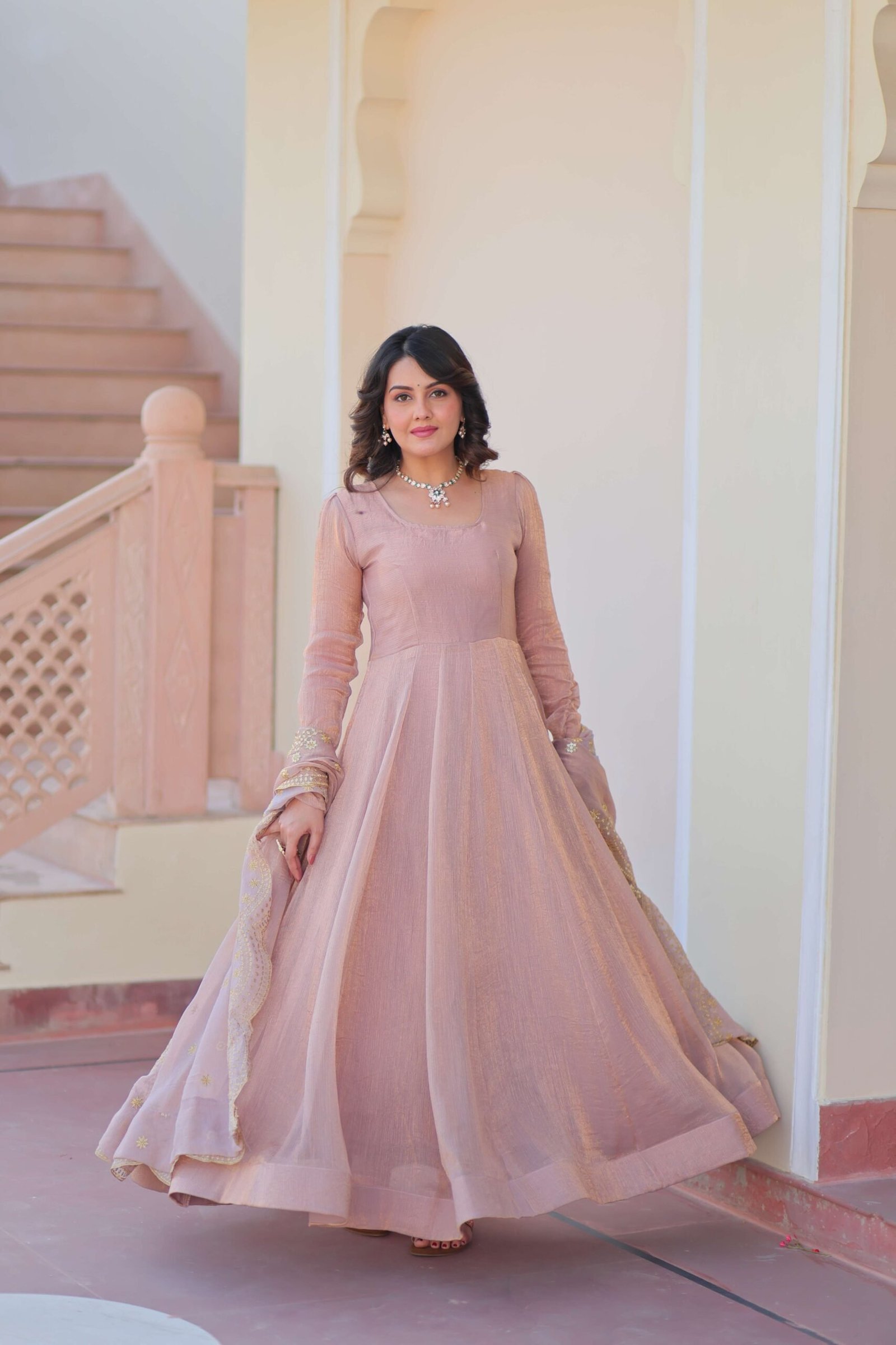 Chiku Premium Fendy Chiffon Gown with Sequins & Zari Embroidered Dupatta ? Elegant Partywear