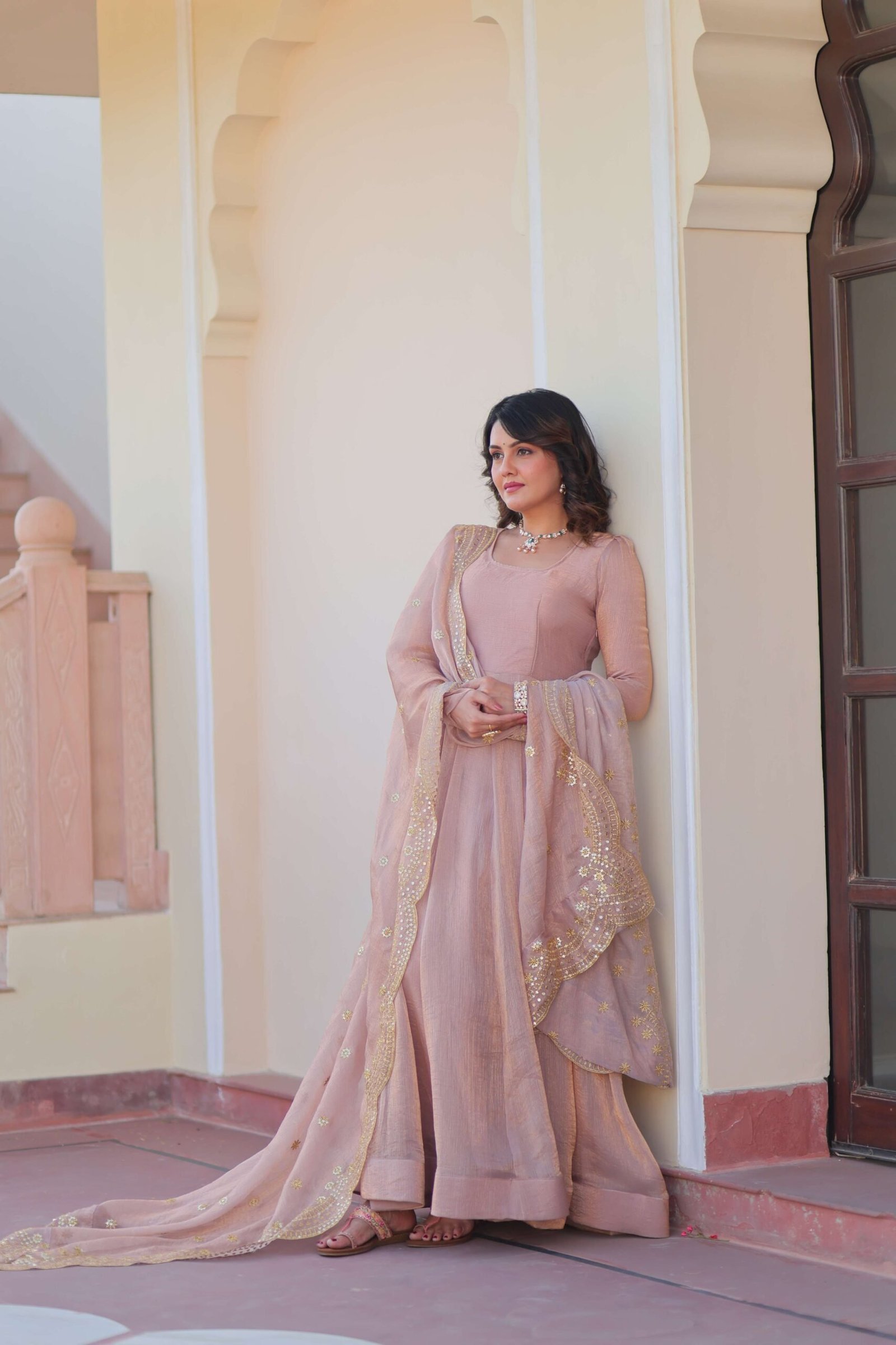 Chiku Premium Fendy Chiffon Gown with Sequins & Zari Embroidered Dupatta ? Elegant Partywear
