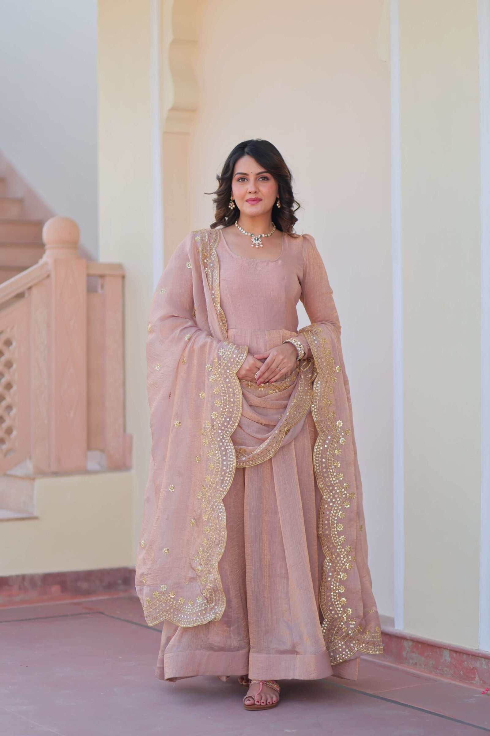 Chiku Premium Fendy Chiffon Gown with Sequins & Zari Embroidered Dupatta ? Elegant Partywear