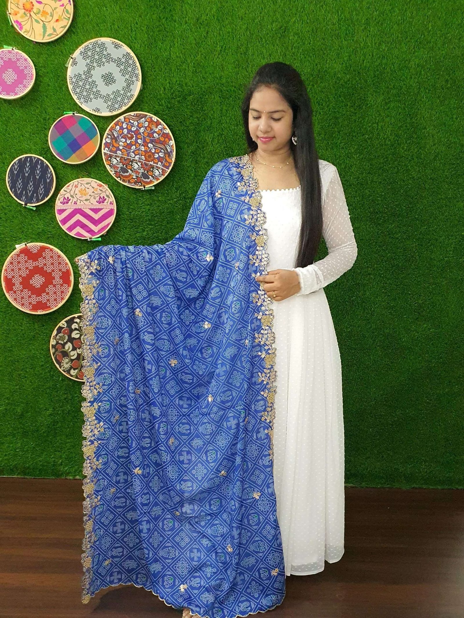 Elegant White And Blue Georgette Gown with Soft Organza Dupatta ? Premium Designer Ready-to-Wear Set