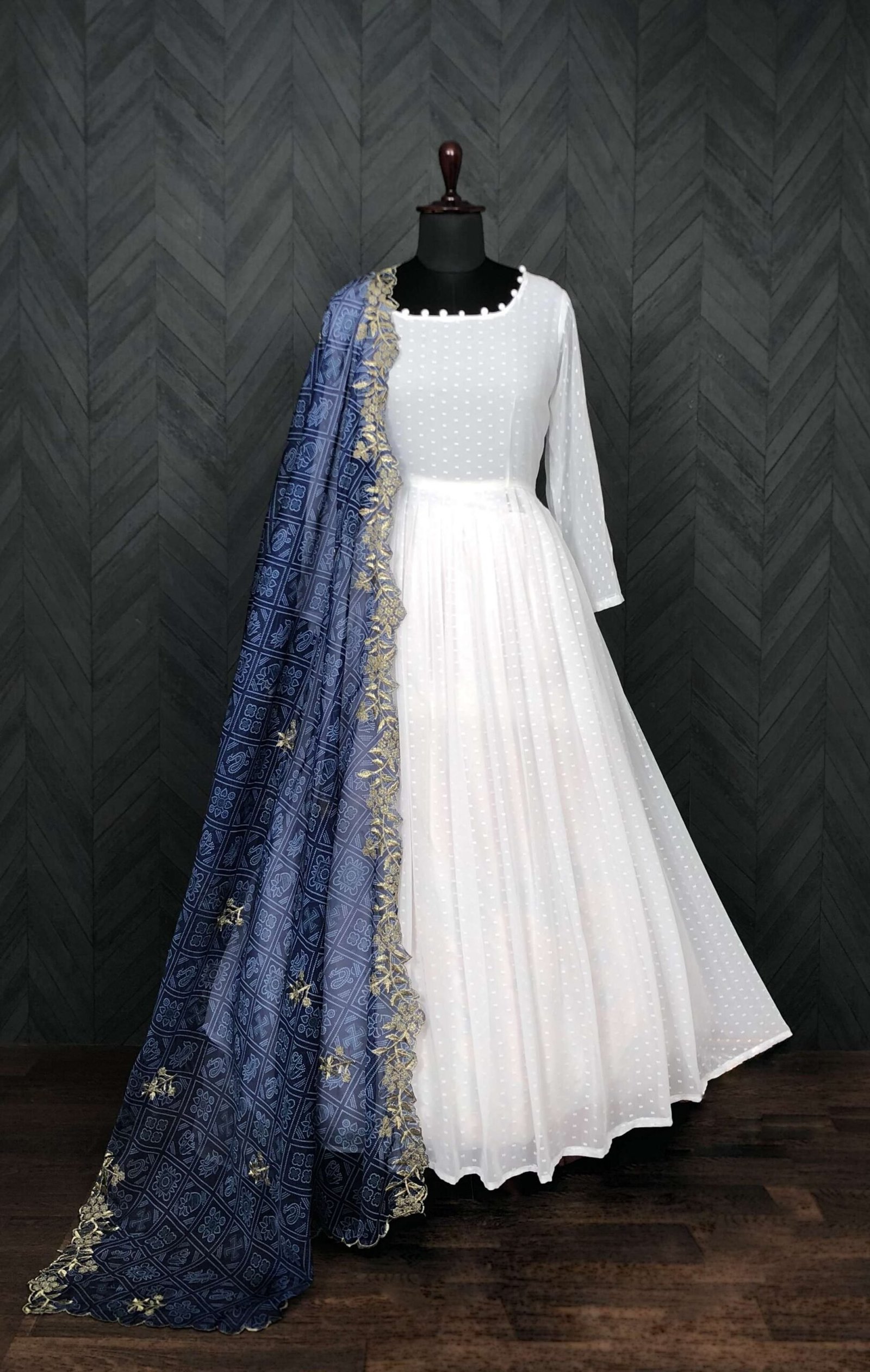 Elegant White And Blue Georgette Gown with Soft Organza Dupatta ? Premium Designer Ready-to-Wear Set