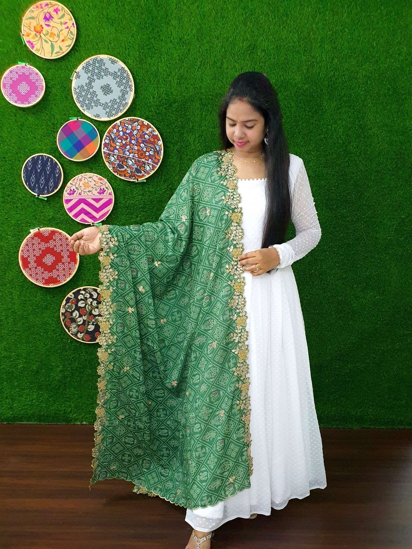Elegant White And Green Georgette Gown with Soft Organza Dupatta ? Premium Designer Ready-to-Wear Set