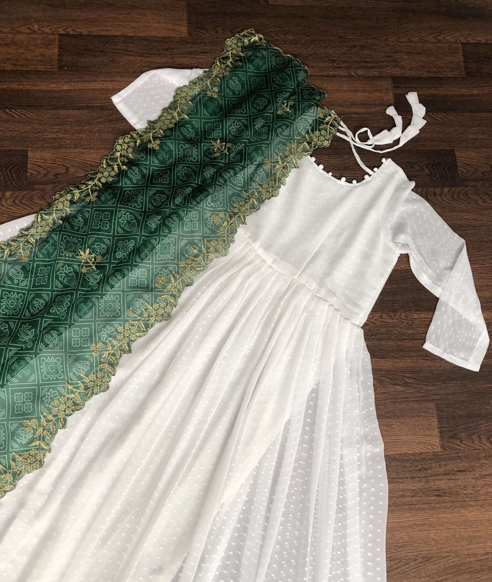 Elegant White And Green Georgette Gown with Soft Organza Dupatta ? Premium Designer Ready-to-Wear Set
