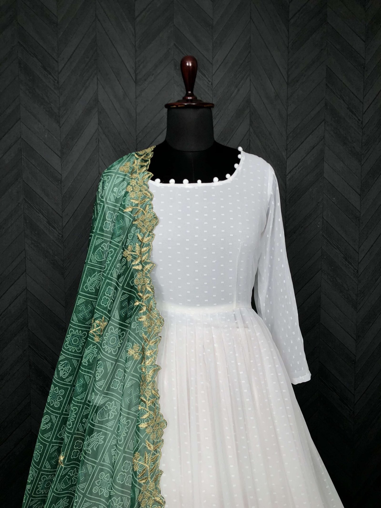 Elegant White And Green Georgette Gown with Soft Organza Dupatta ? Premium Designer Ready-to-Wear Set