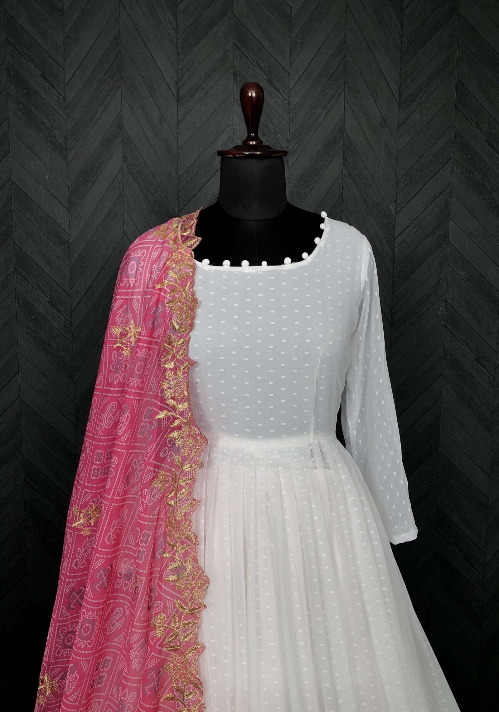 Elegant White And Pink Georgette Gown with Soft Organza Dupatta ? Premium Designer Ready-to-Wear Set