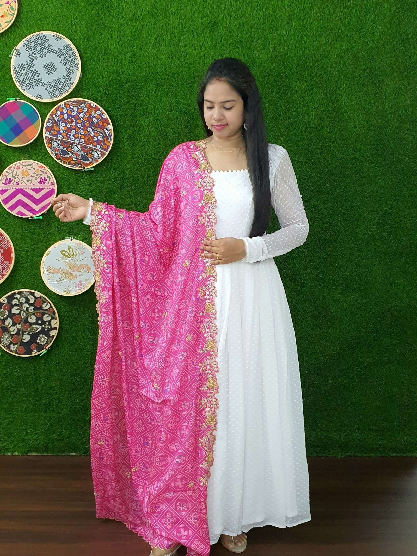 Elegant White And Pink Georgette Gown with Soft Organza Dupatta ? Premium Designer Ready-to-Wear Set