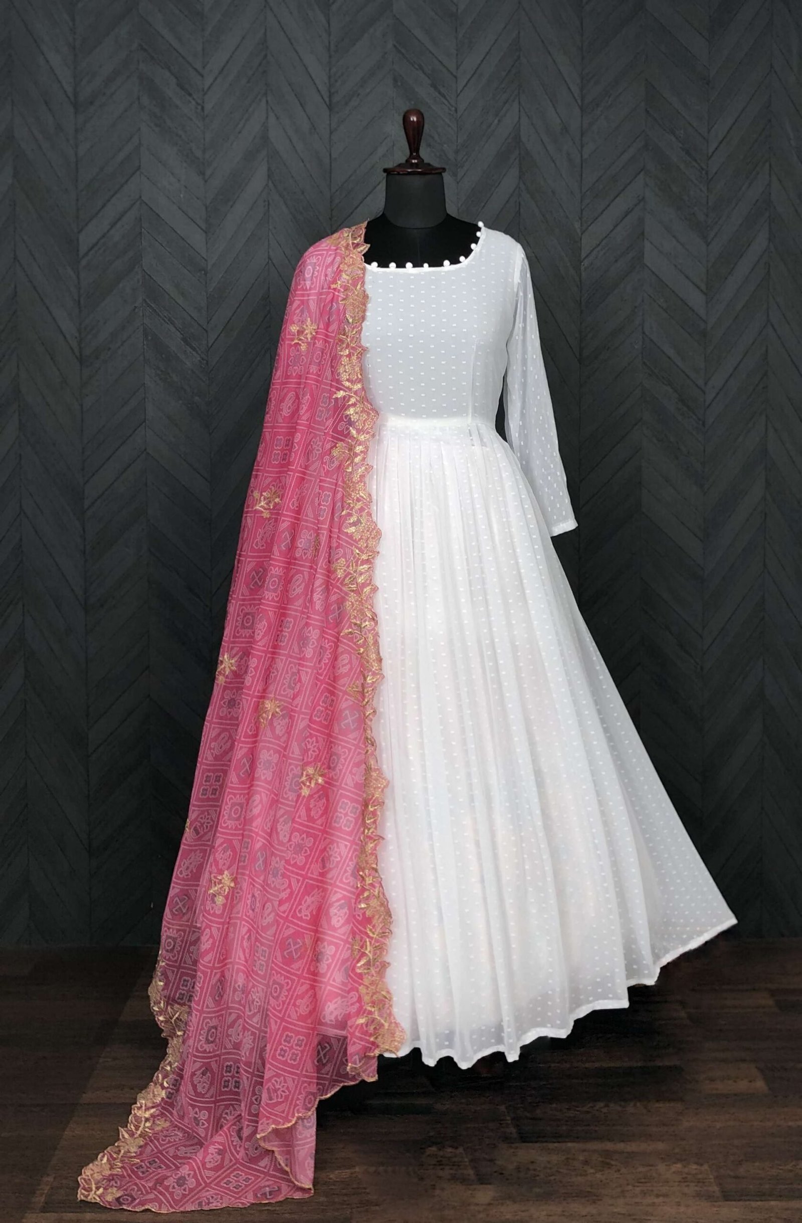 Elegant White And Pink Georgette Gown with Soft Organza Dupatta ? Premium Designer Ready-to-Wear Set