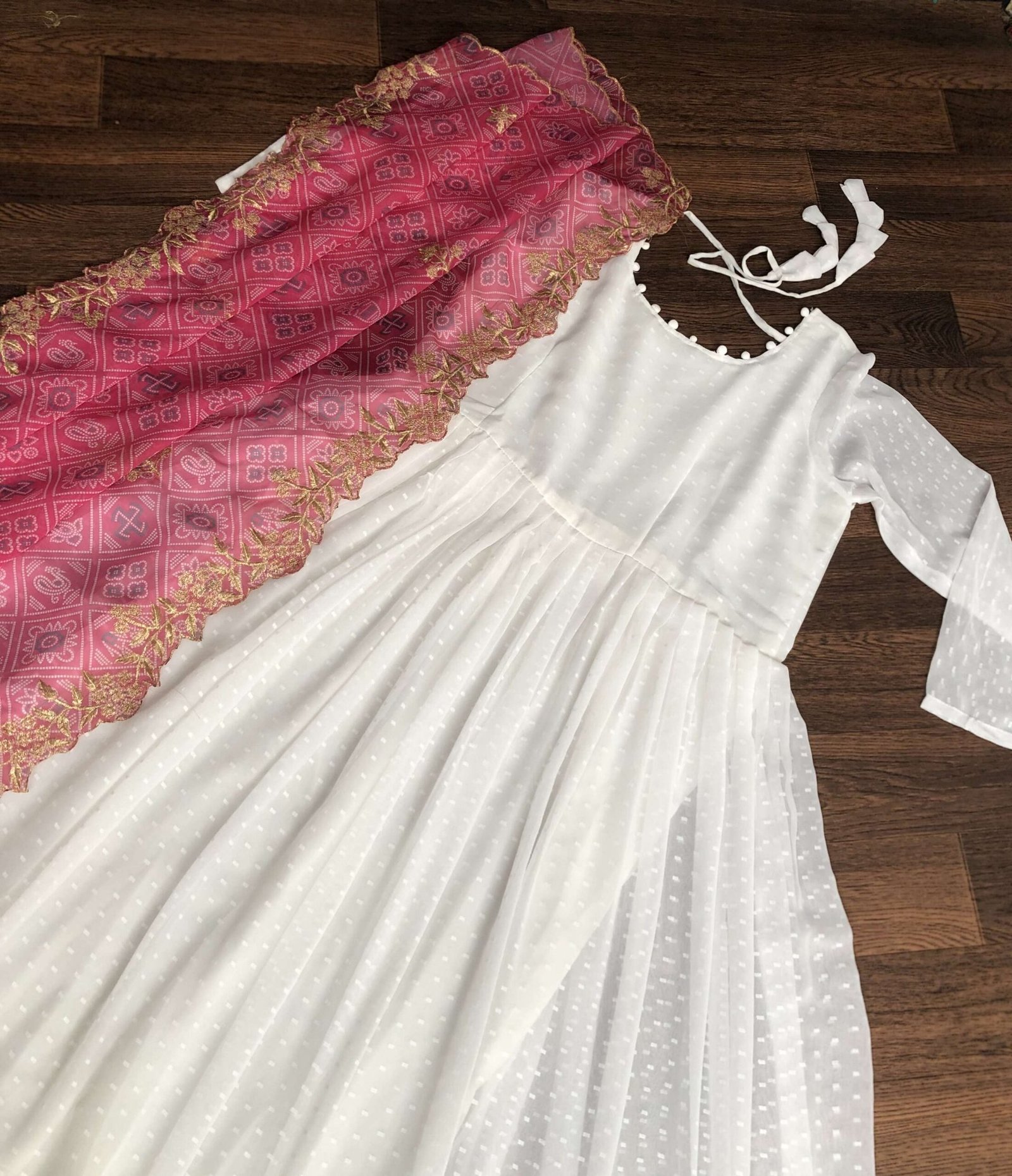 Elegant White And Pink Georgette Gown with Soft Organza Dupatta ? Premium Designer Ready-to-Wear Set