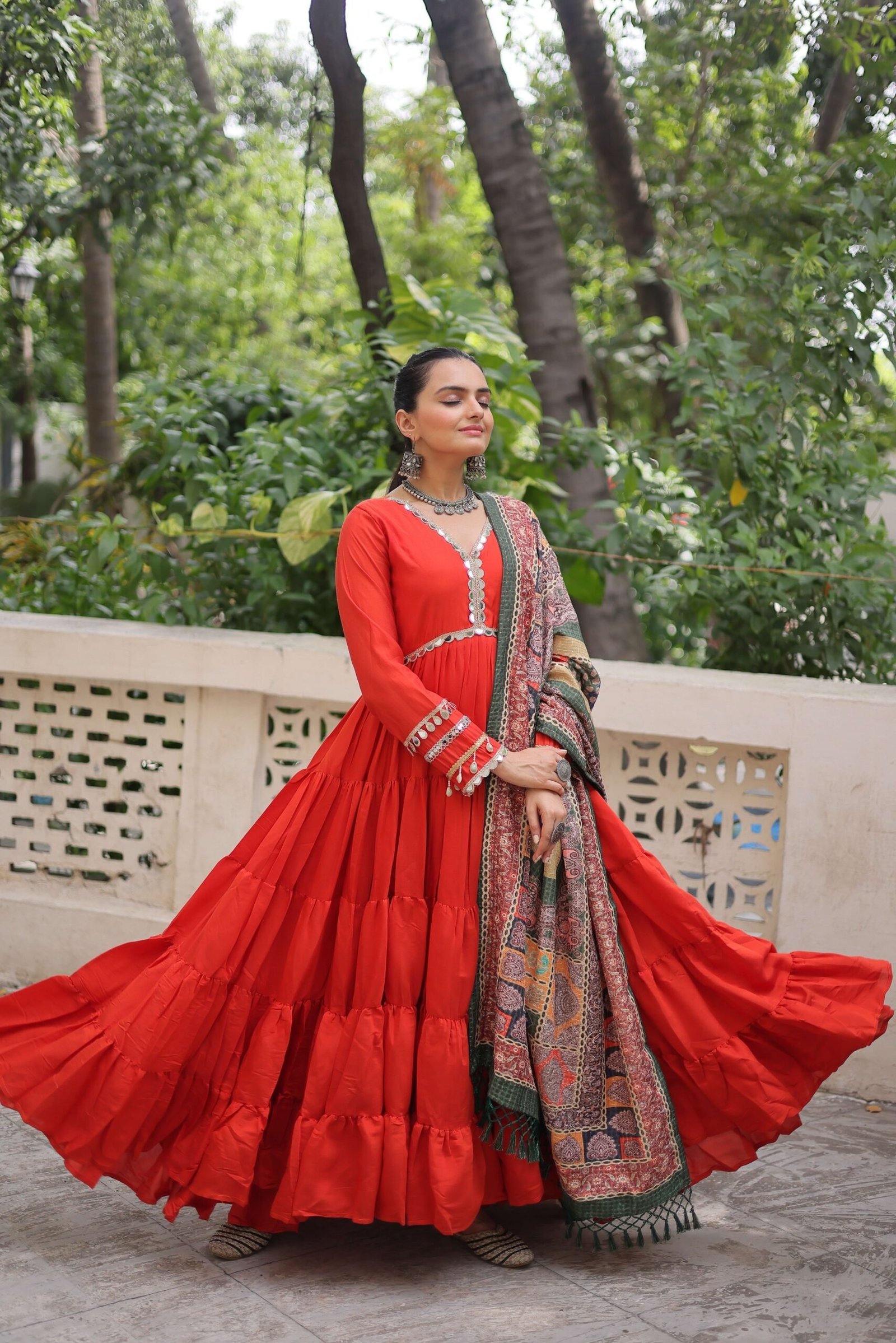 Fanta Gown with Dupatta ? Frill Stitching & Mirror Lace Work Ethnic Set for Women