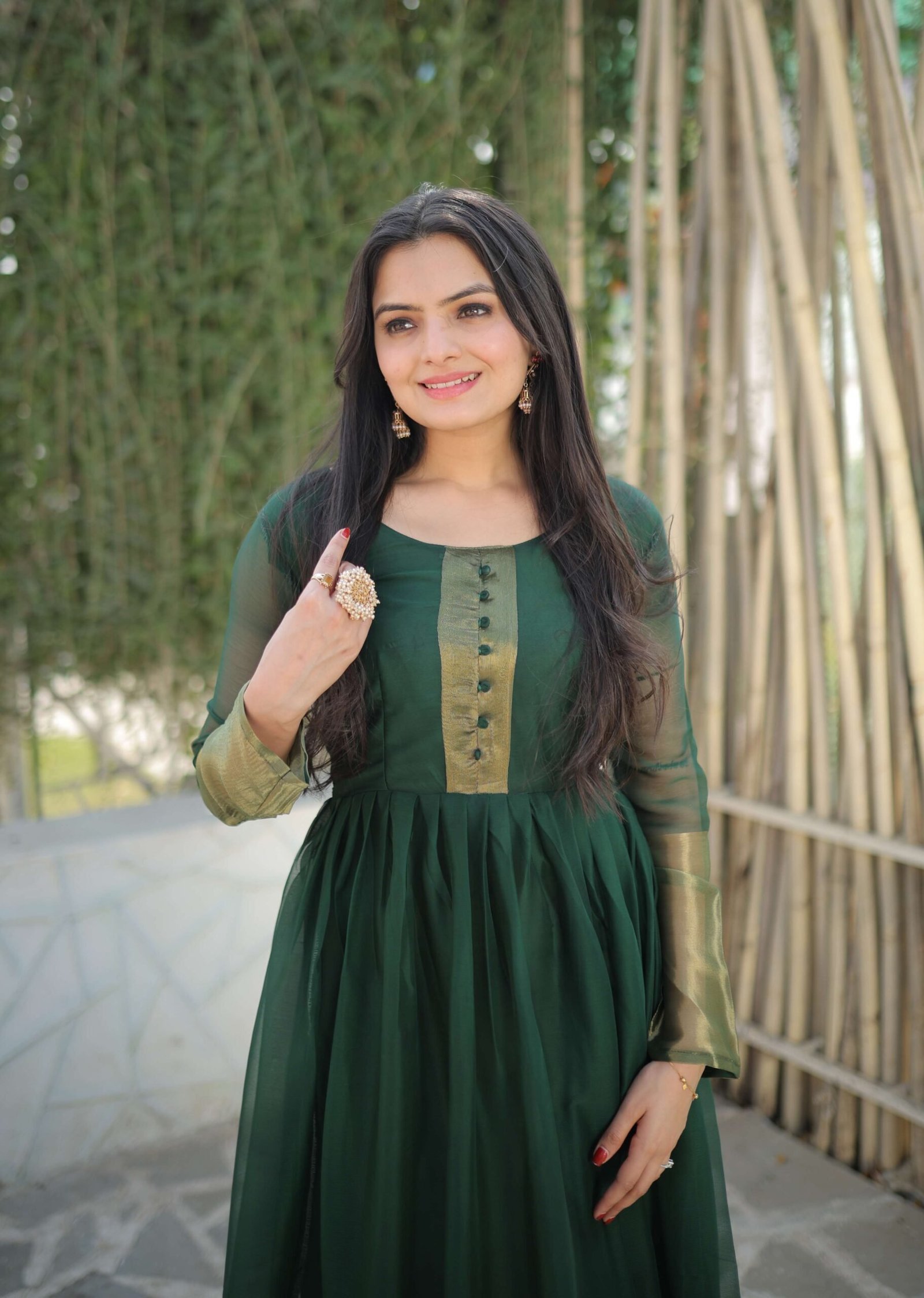 Green Elegant Chiffon Designer Gown with Golden Zari Patta ? Premium Ready-to-Wear Dress