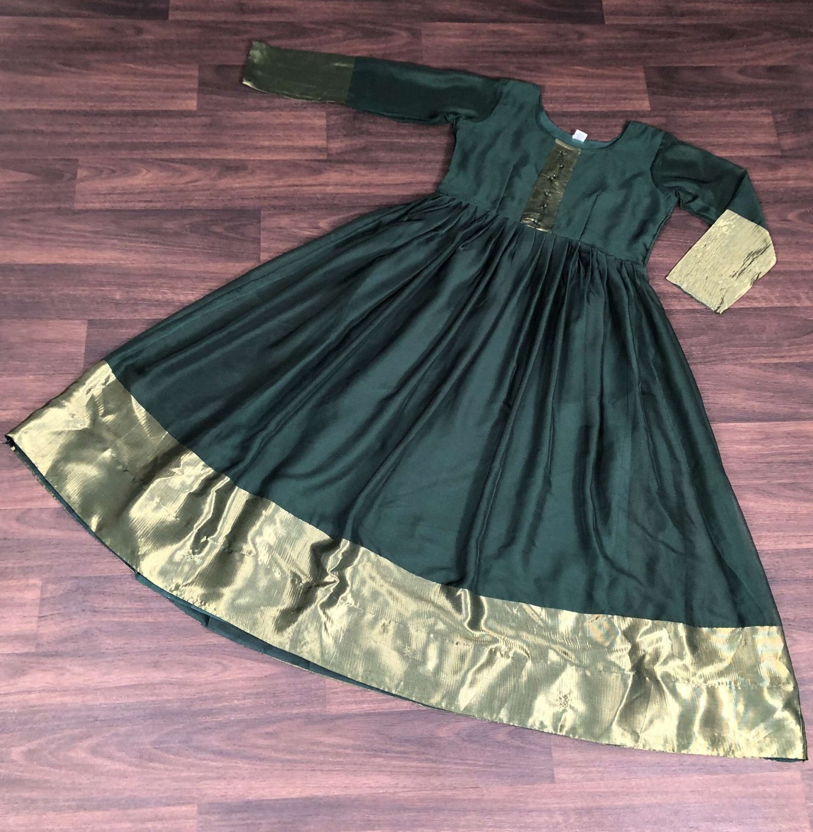 Green Elegant Chiffon Designer Gown with Golden Zari Patta ? Premium Ready-to-Wear Dress