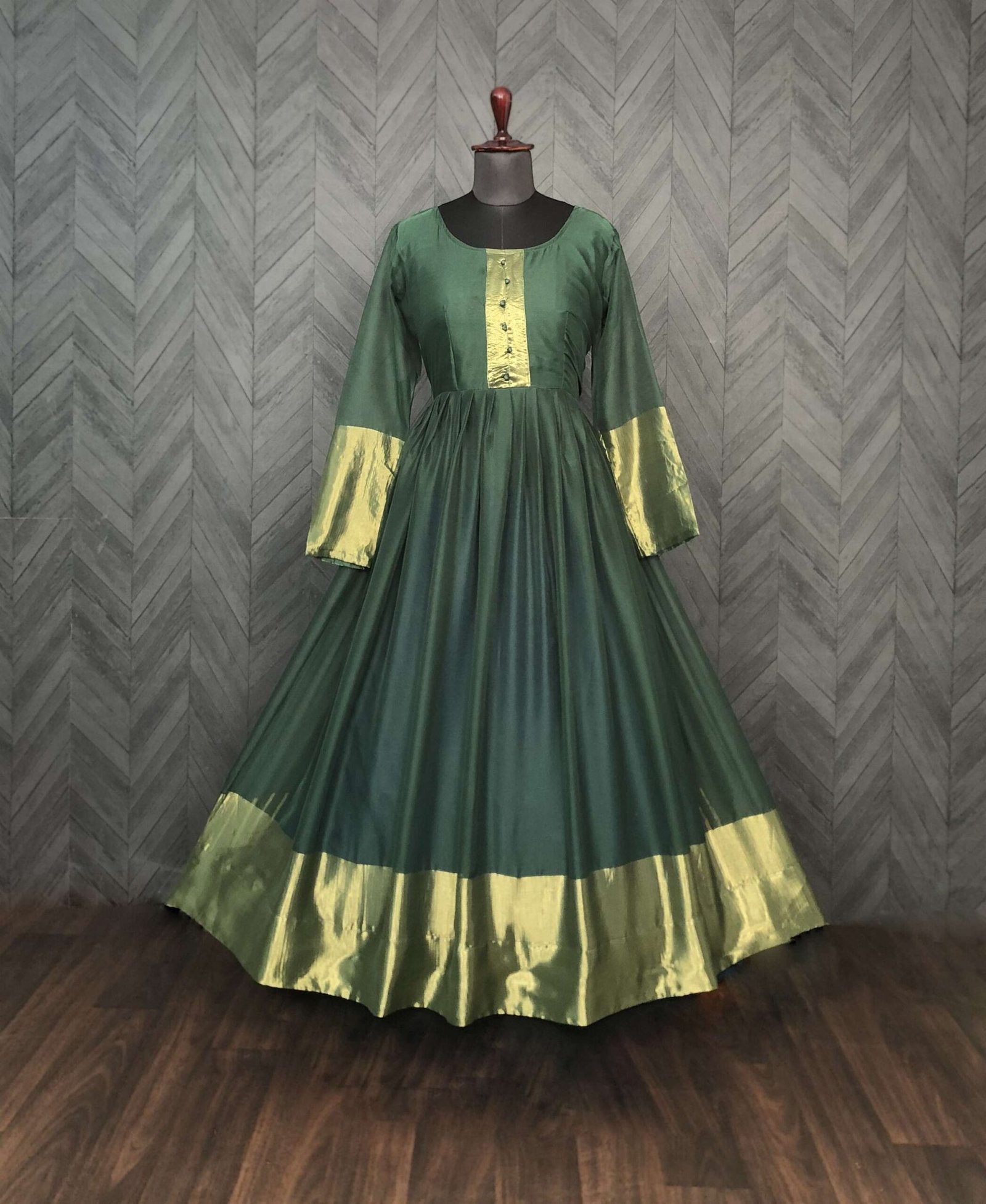 Green Elegant Chiffon Designer Gown with Golden Zari Patta ? Premium Ready-to-Wear Dress