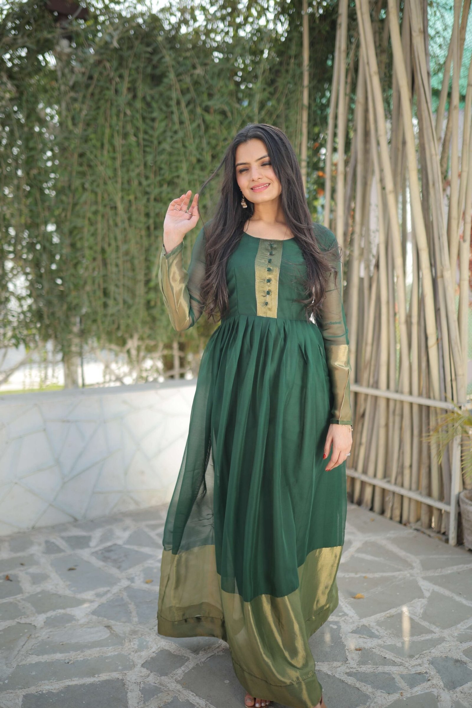 Green Elegant Chiffon Designer Gown with Golden Zari Patta ? Premium Ready-to-Wear Dress