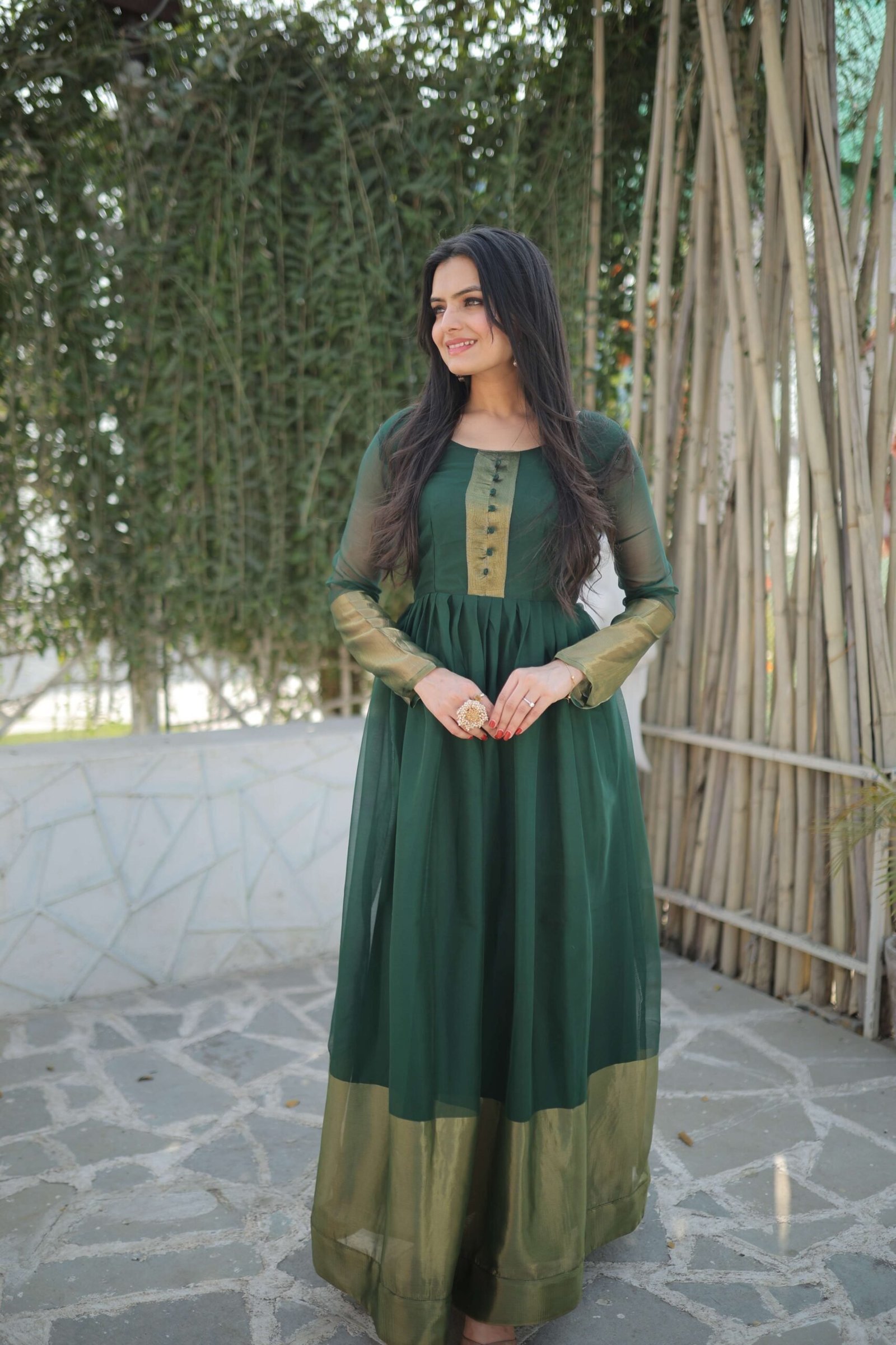 Green Elegant Chiffon Designer Gown with Golden Zari Patta ? Premium Ready-to-Wear Dress
