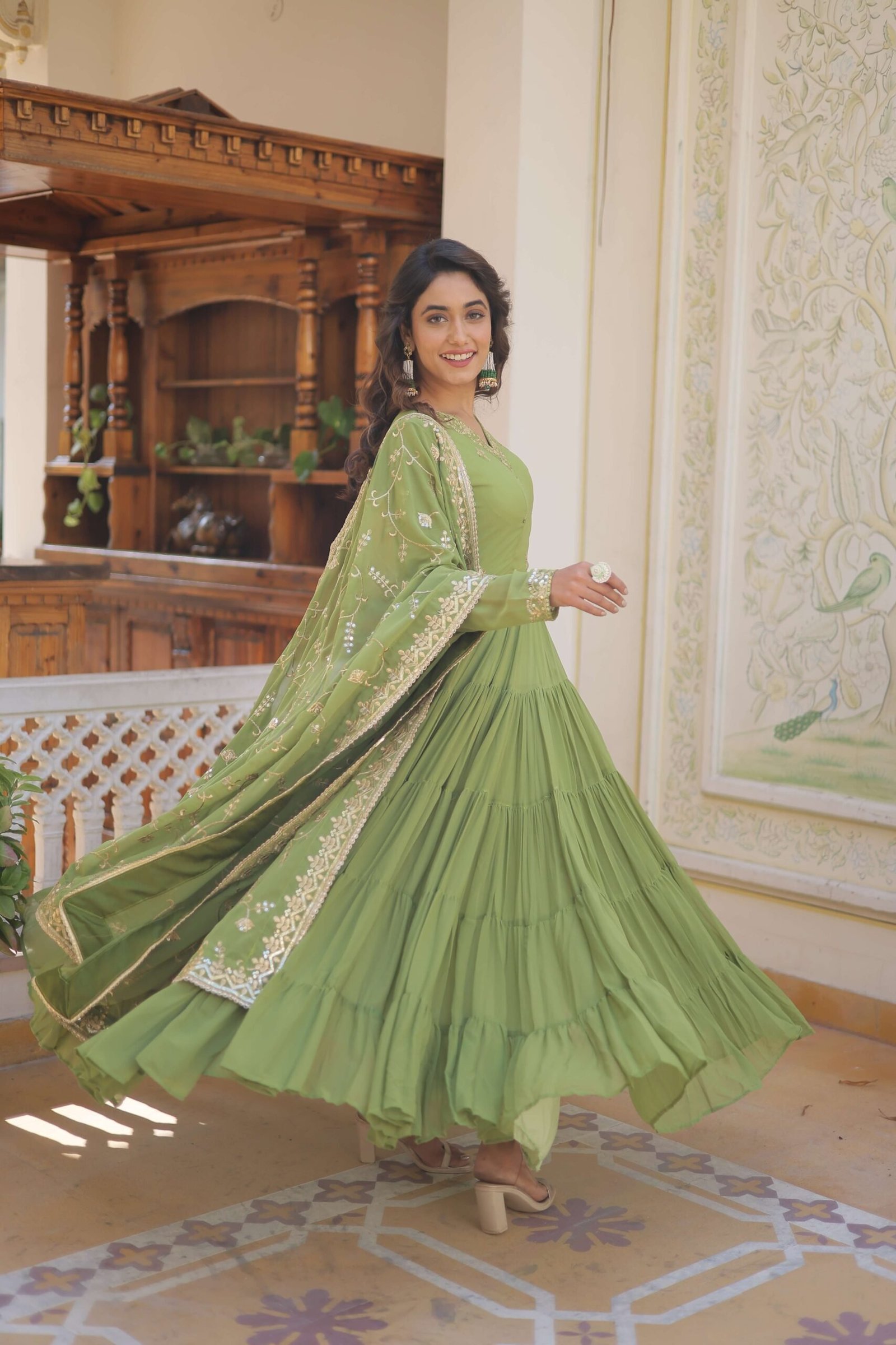 Green Faux Georgette Designer Gown with Sequined Dupatta ? Fully Flared Elegant Ready-to-Wear Set
