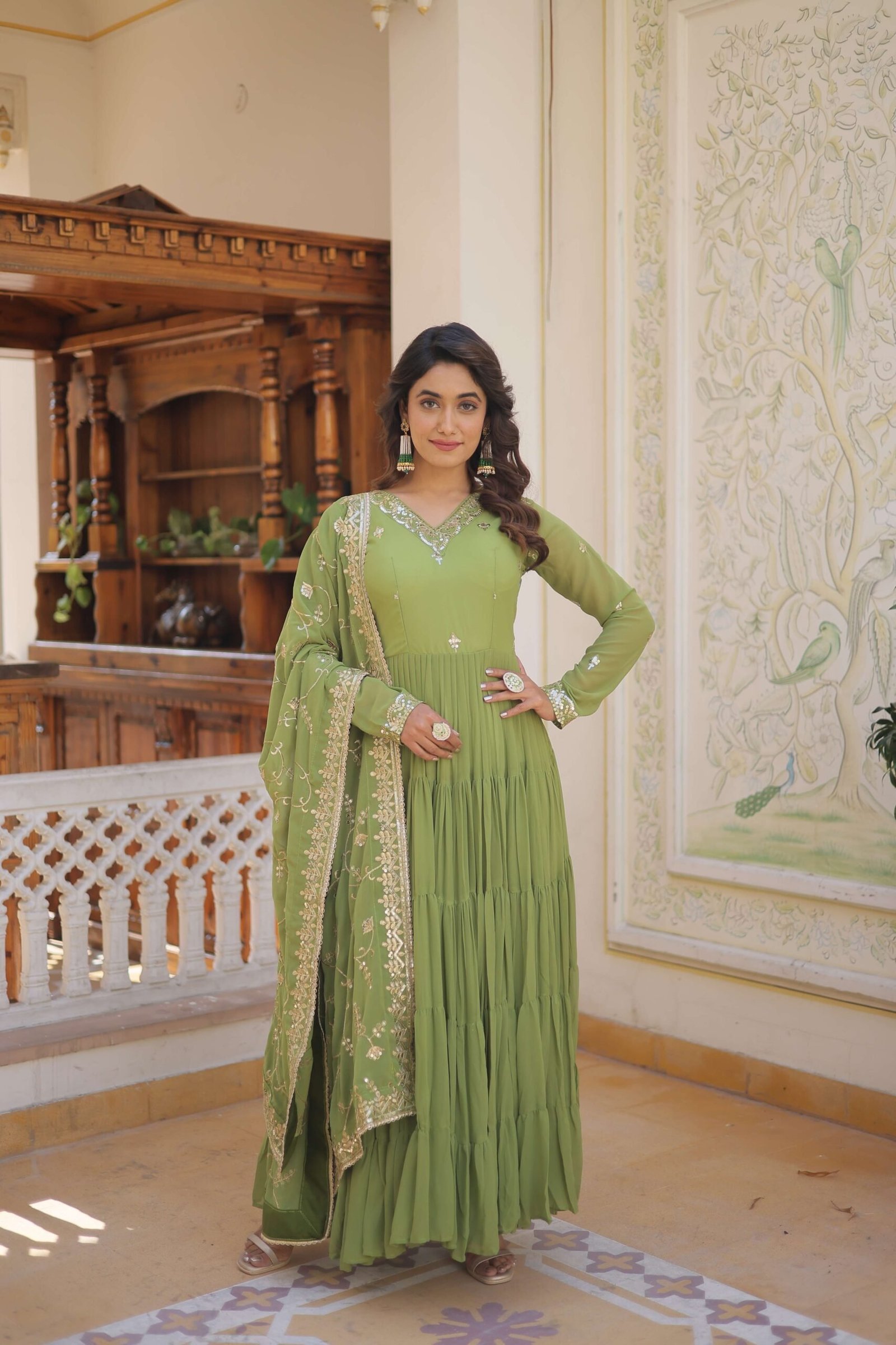 Green Faux Georgette Designer Gown with Sequined Dupatta ? Fully Flared Elegant Ready-to-Wear Set