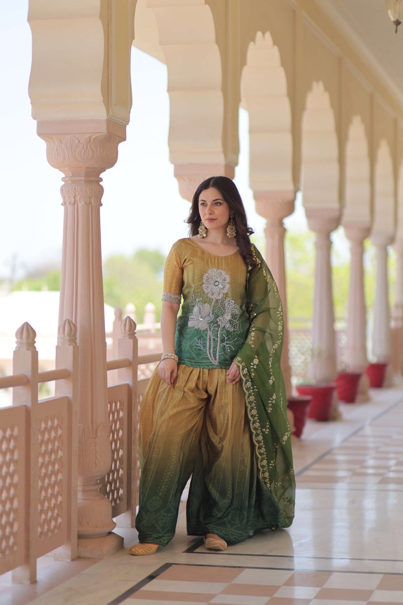 Green Premium Designer Chinnon Print Top-Sharara-Dupatta Set with Bead & Zari Work ? Elegant Ethnic Wear for Women
