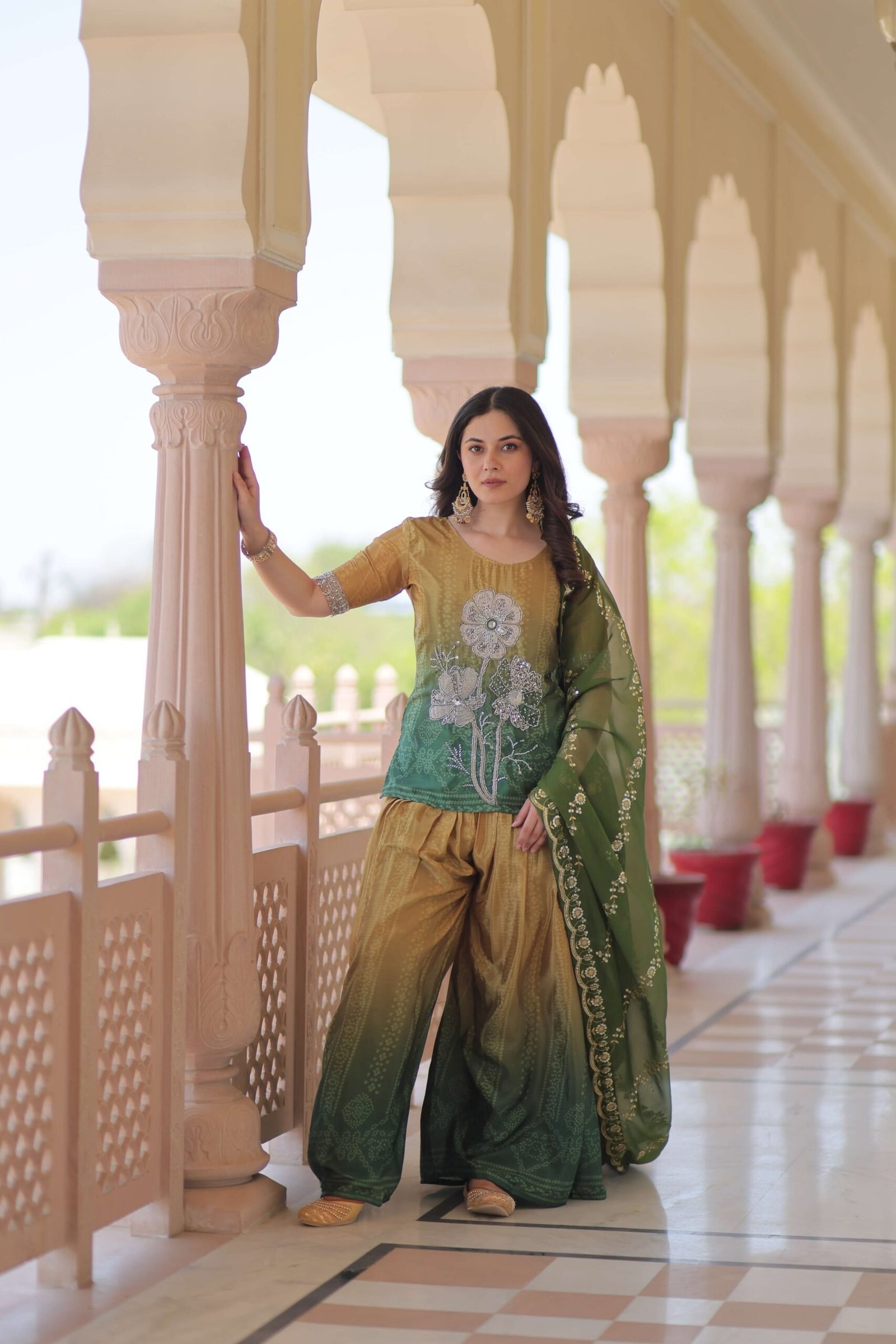 Green Premium Designer Chinnon Print Top-Sharara-Dupatta Set with Bead & Zari Work ? Elegant Ethnic Wear for Women
