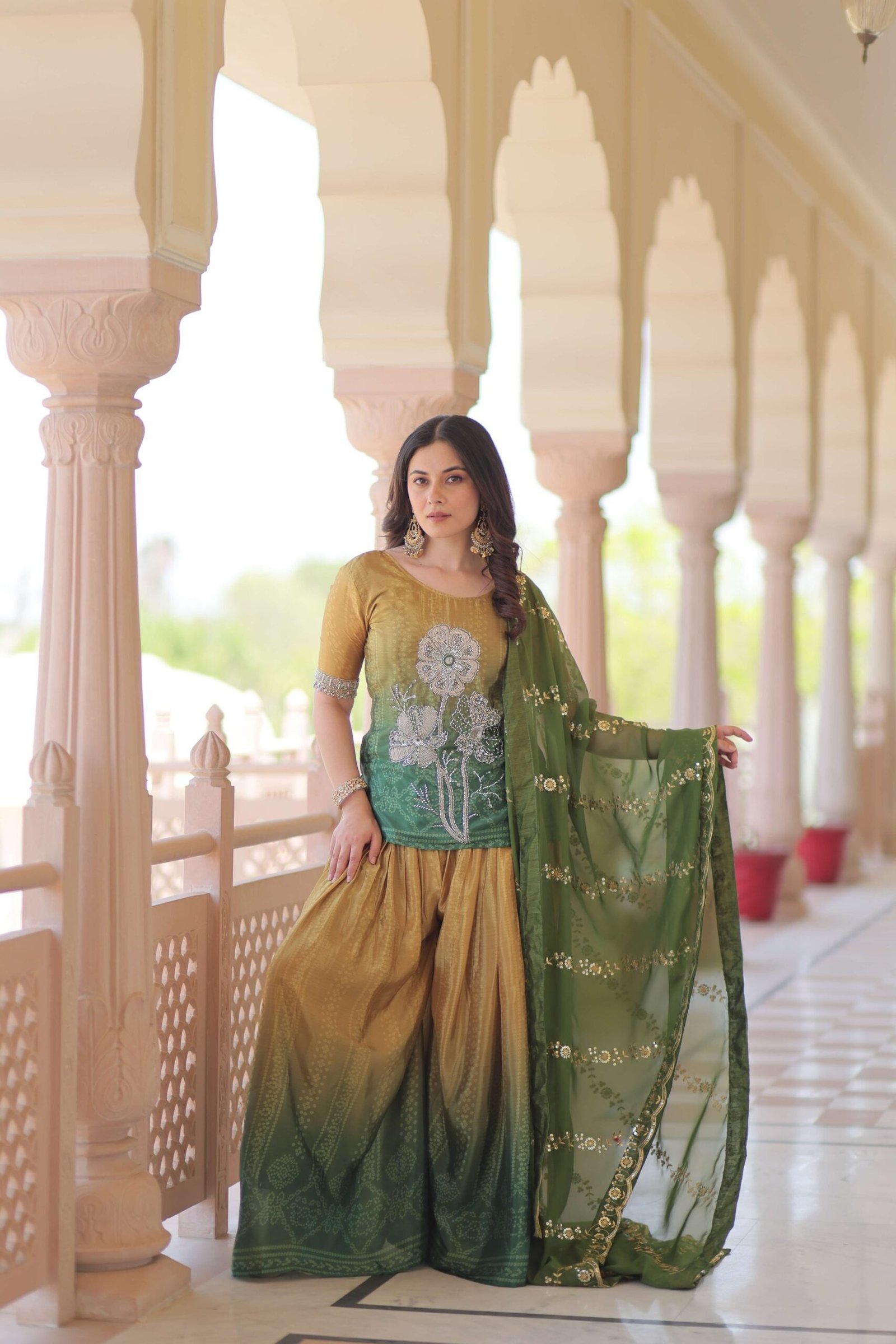 Green Premium Designer Chinnon Print Top-Sharara-Dupatta Set with Bead & Zari Work ? Elegant Ethnic Wear for Women