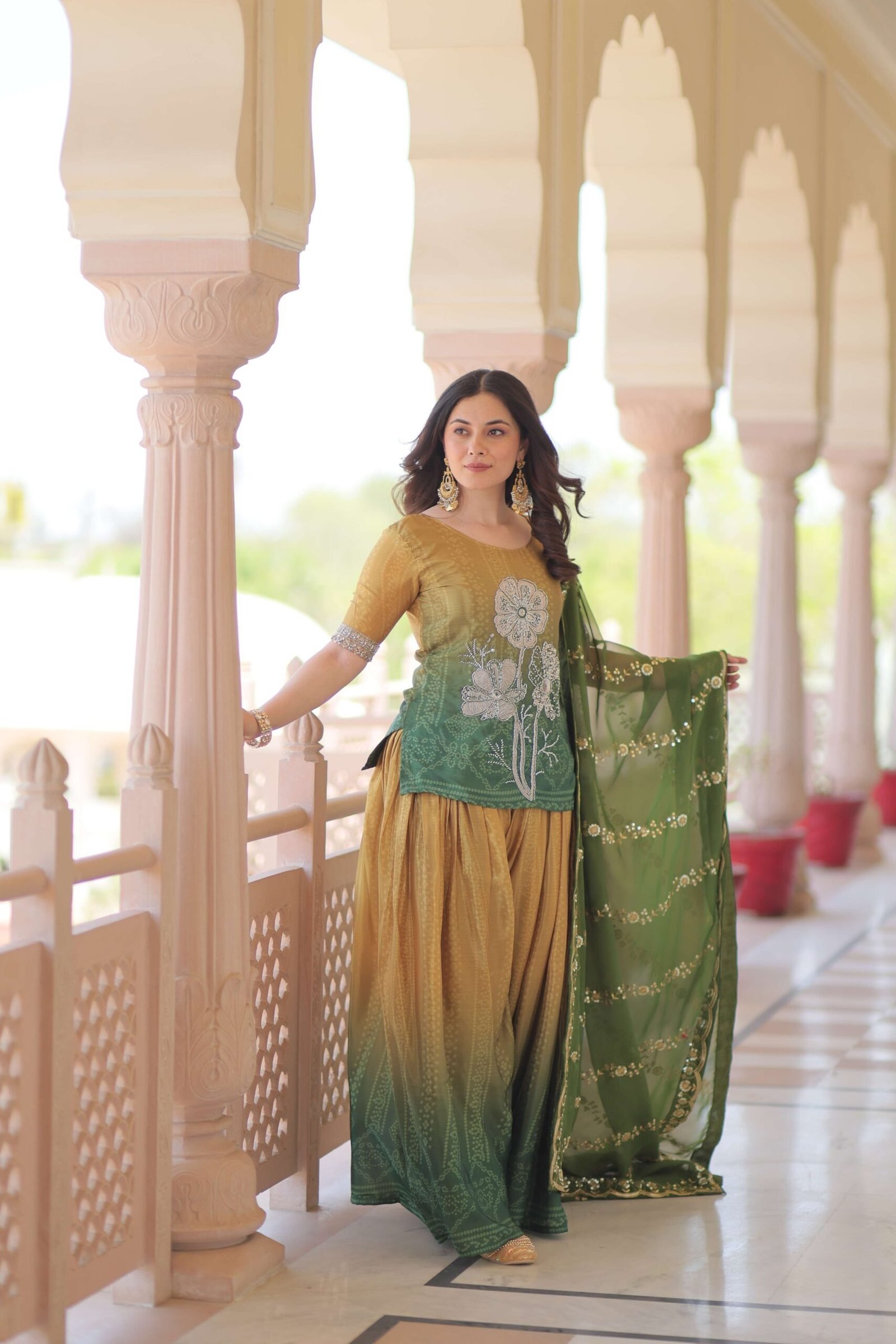 Green Premium Designer Chinnon Print Top-Sharara-Dupatta Set with Bead & Zari Work ? Elegant Ethnic Wear for Women
