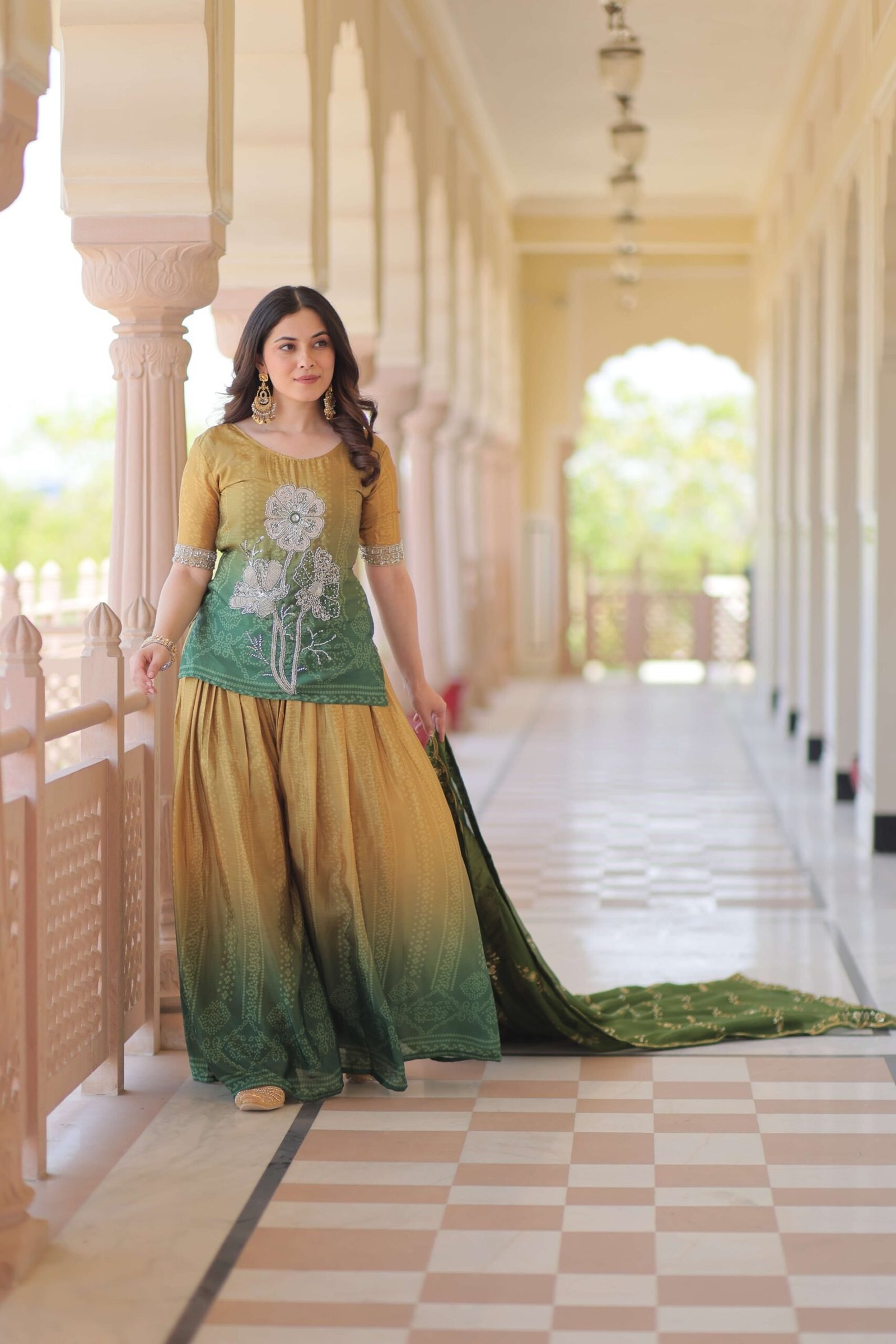 Green Premium Designer Chinnon Print Top-Sharara-Dupatta Set with Bead & Zari Work ? Elegant Ethnic Wear for Women