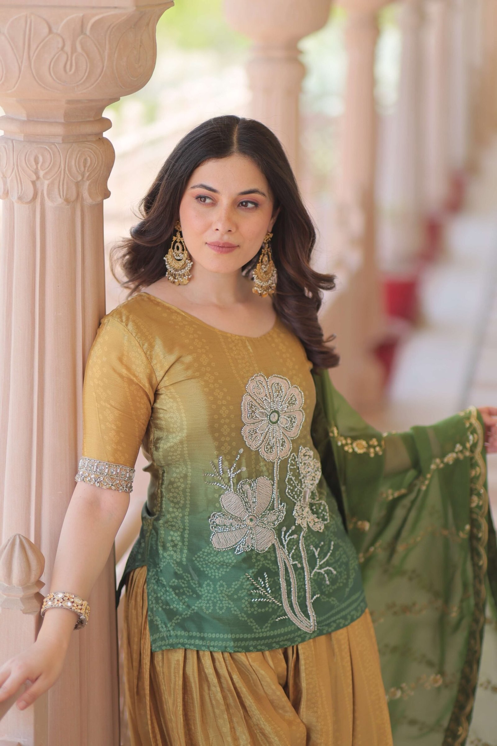 Green Premium Designer Chinnon Print Top-Sharara-Dupatta Set with Bead & Zari Work ? Elegant Ethnic Wear for Women