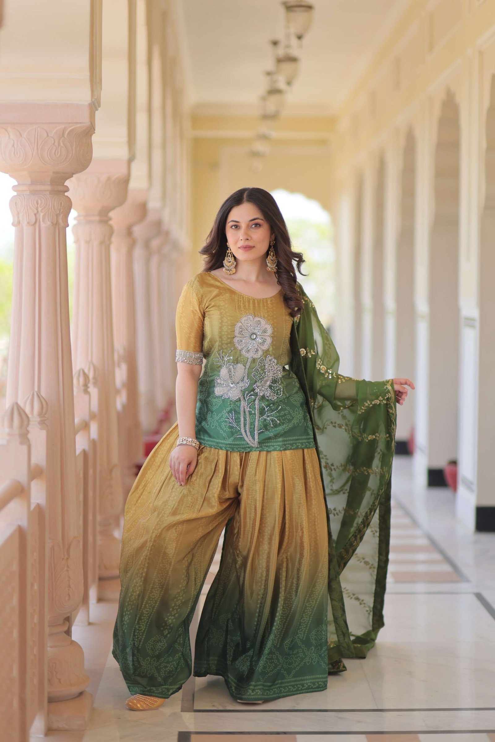 Green Premium Designer Chinnon Print Top-Sharara-Dupatta Set with Bead & Zari Work ? Elegant Ethnic Wear for Women