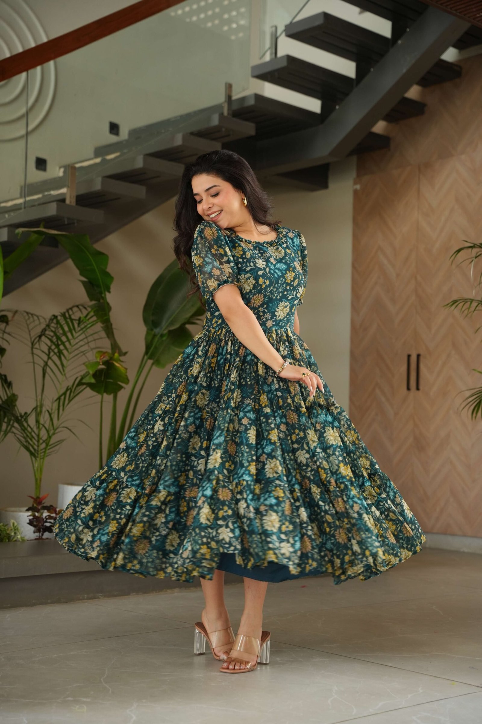 Green Premium Faux Georgette Printed Gown ? Half Sleeve, Full Flair