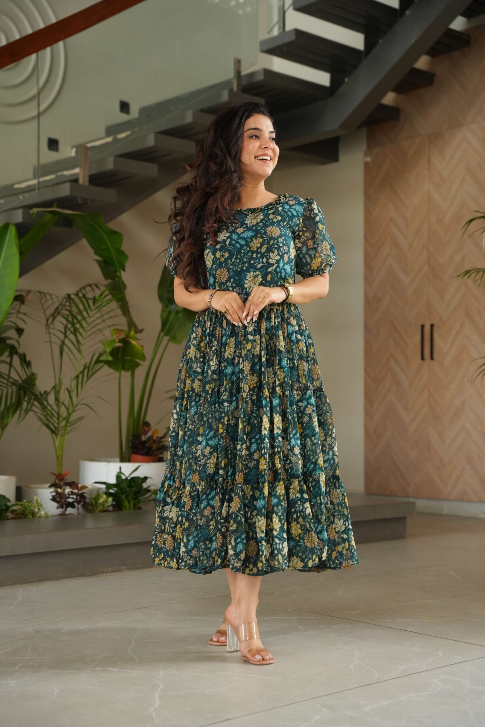 Green Premium Faux Georgette Printed Gown ? Half Sleeve, Full Flair