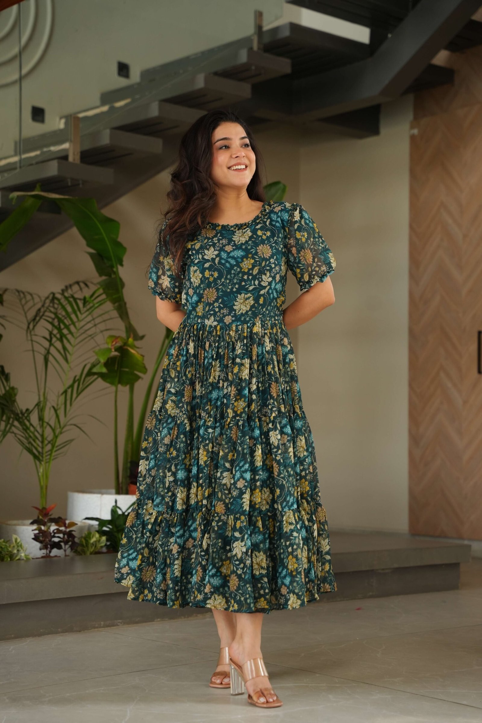 Green Premium Faux Georgette Printed Gown ? Half Sleeve, Full Flair
