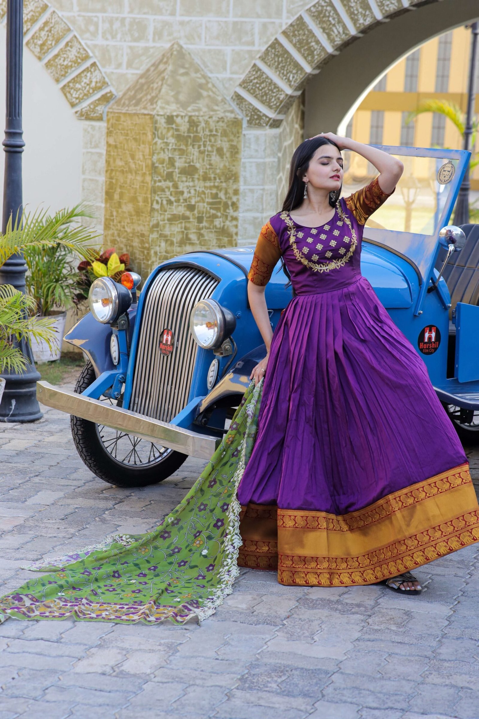 Green Premium Silk Designer Gown with Jequard Weaving & Embroidered Dupatta ? Ready-to-Wear Set