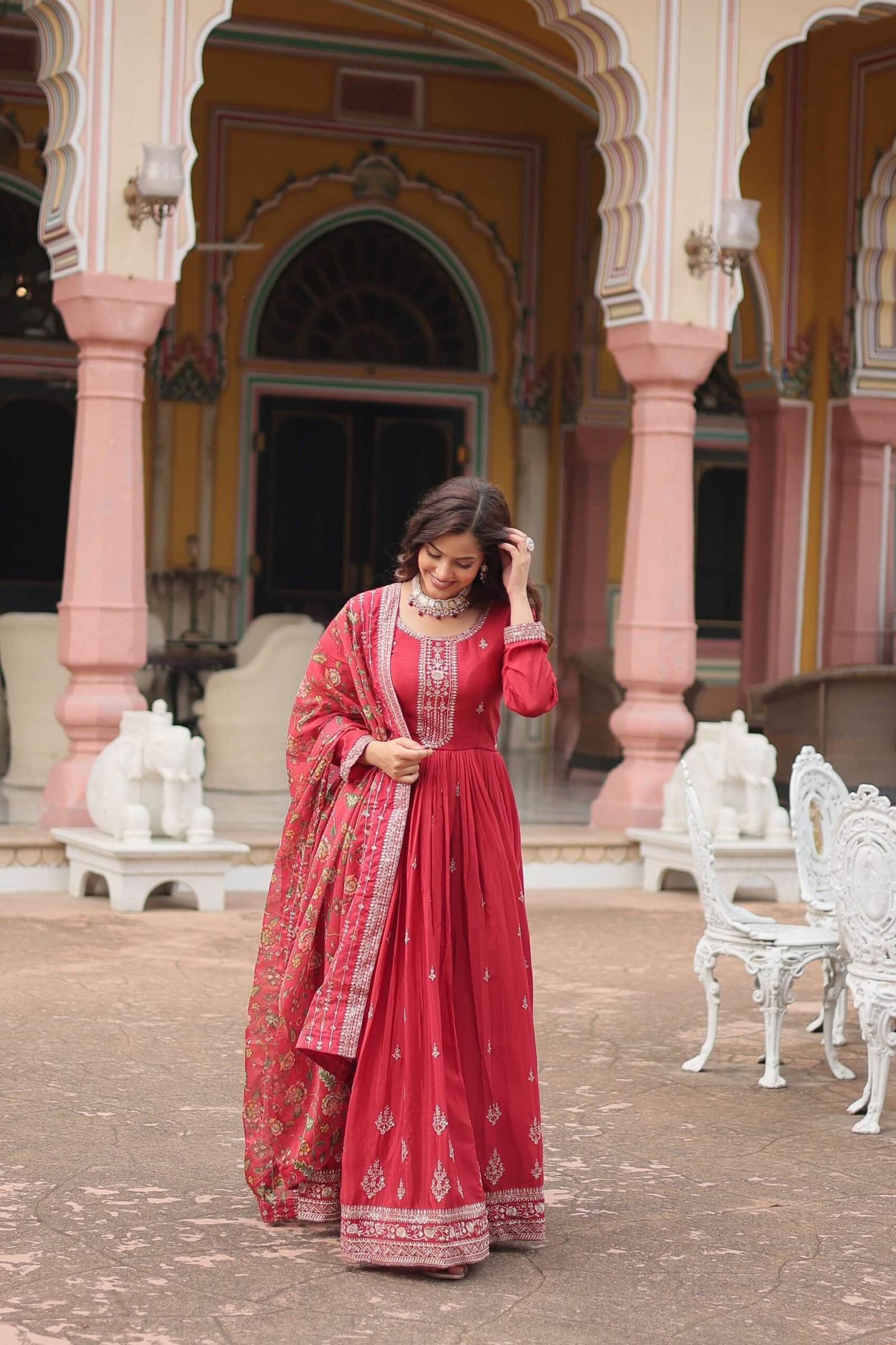 Maroon Designer Chinon Sequins Embroidered Gown with Kalamkari Silk Dupatta