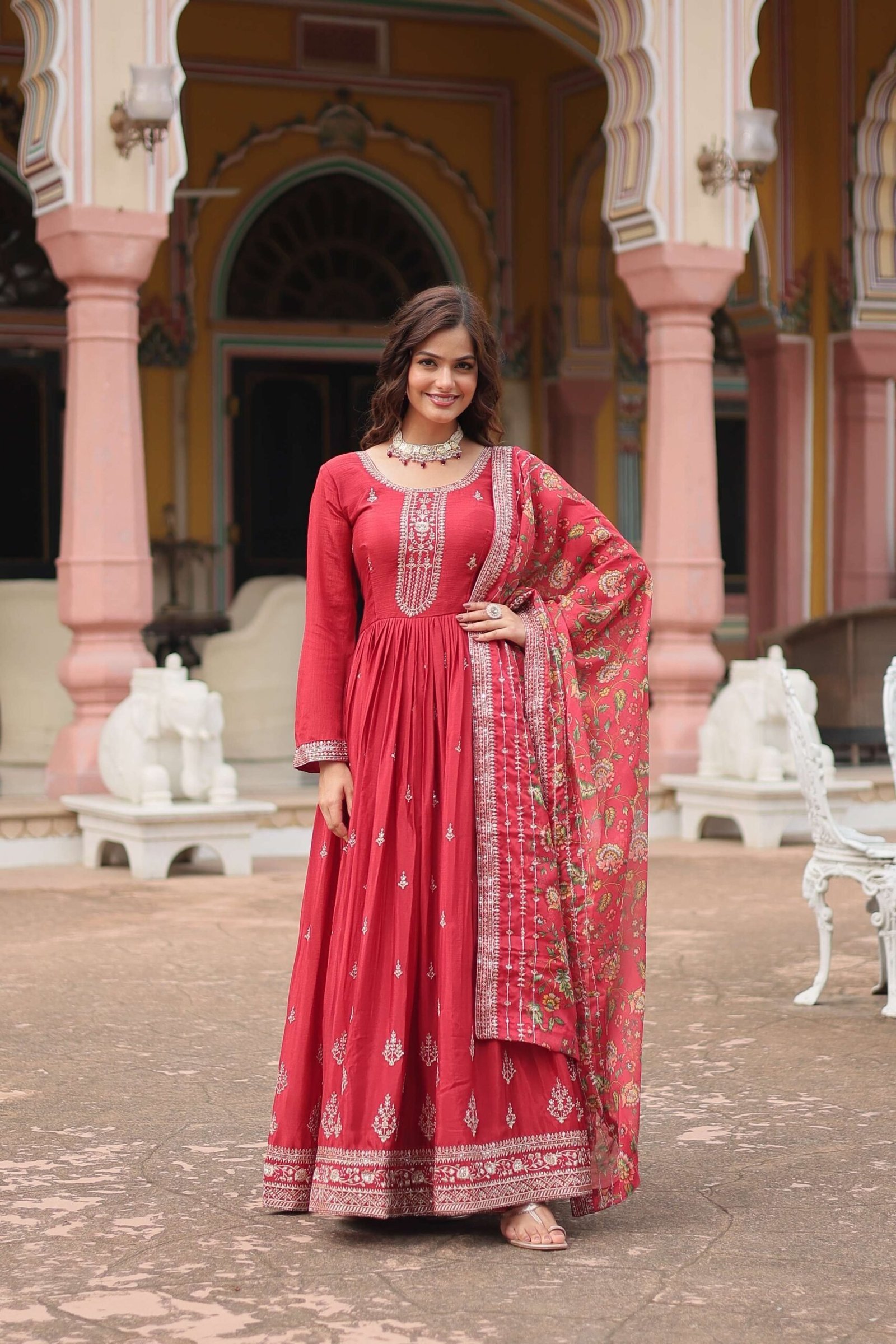 Maroon Designer Chinon Sequins Embroidered Gown with Kalamkari Silk Dupatta