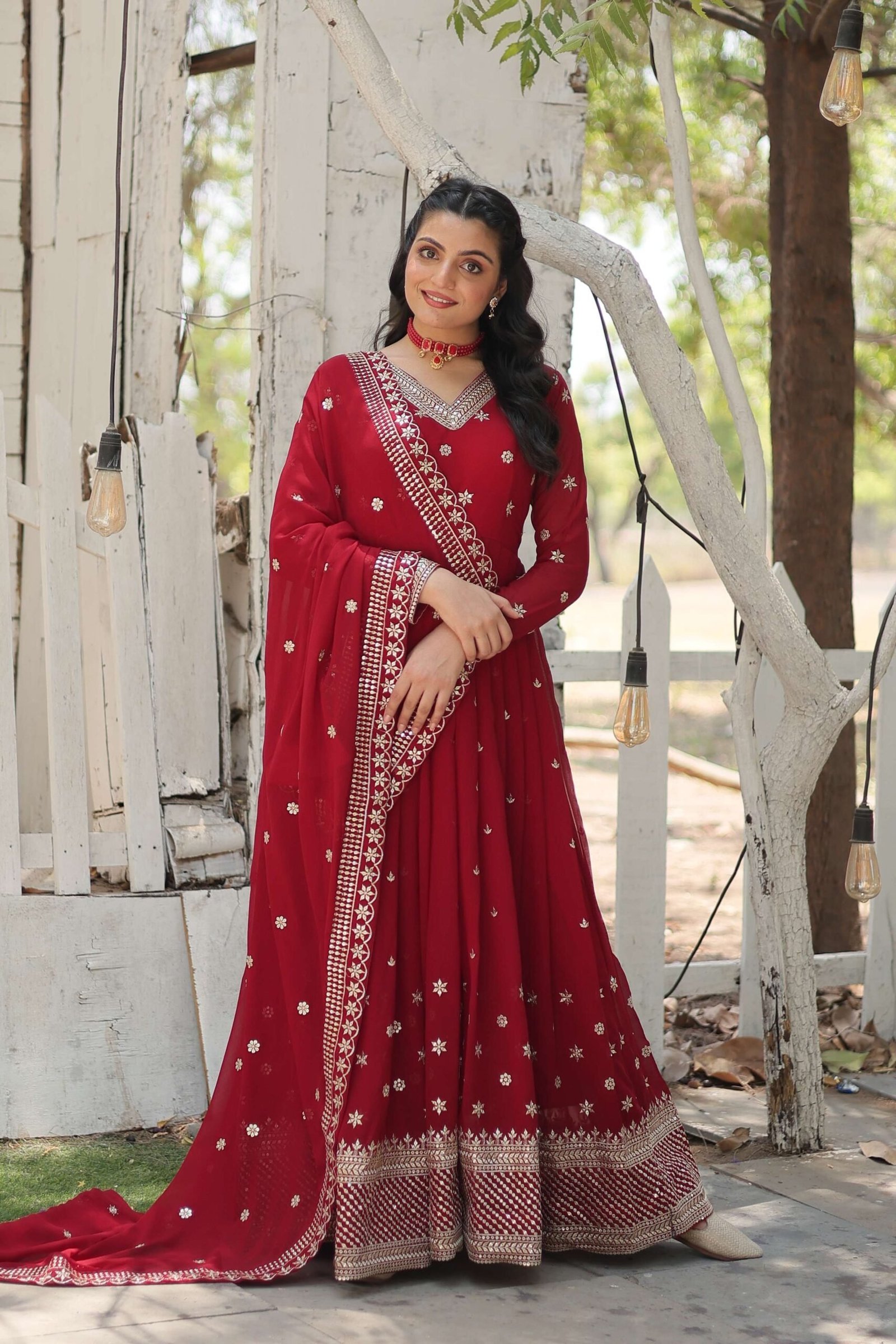 Maroon Designer Faux Blooming Anarkali Gown with Sequins Embroidered Dupatta ? Wedding & Festive Wear