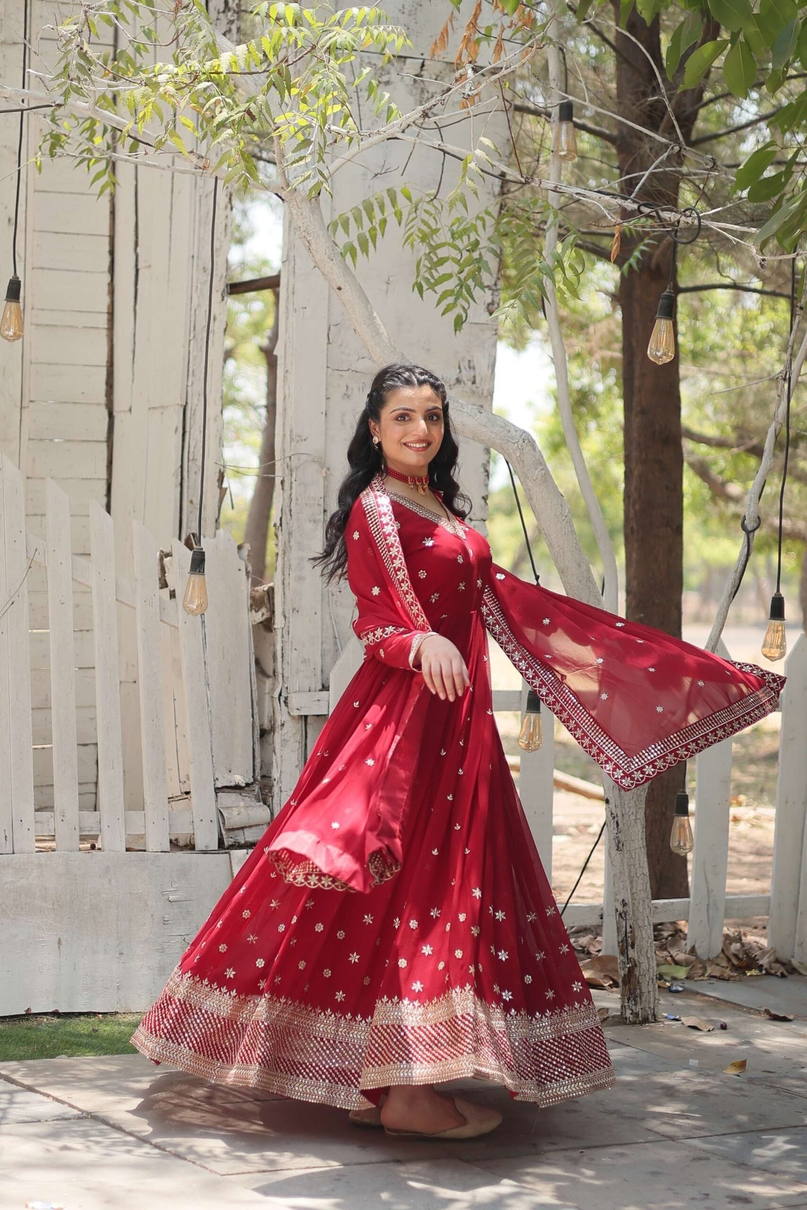 Maroon Designer Faux Blooming Anarkali Gown with Sequins Embroidered Dupatta ? Wedding & Festive Wear