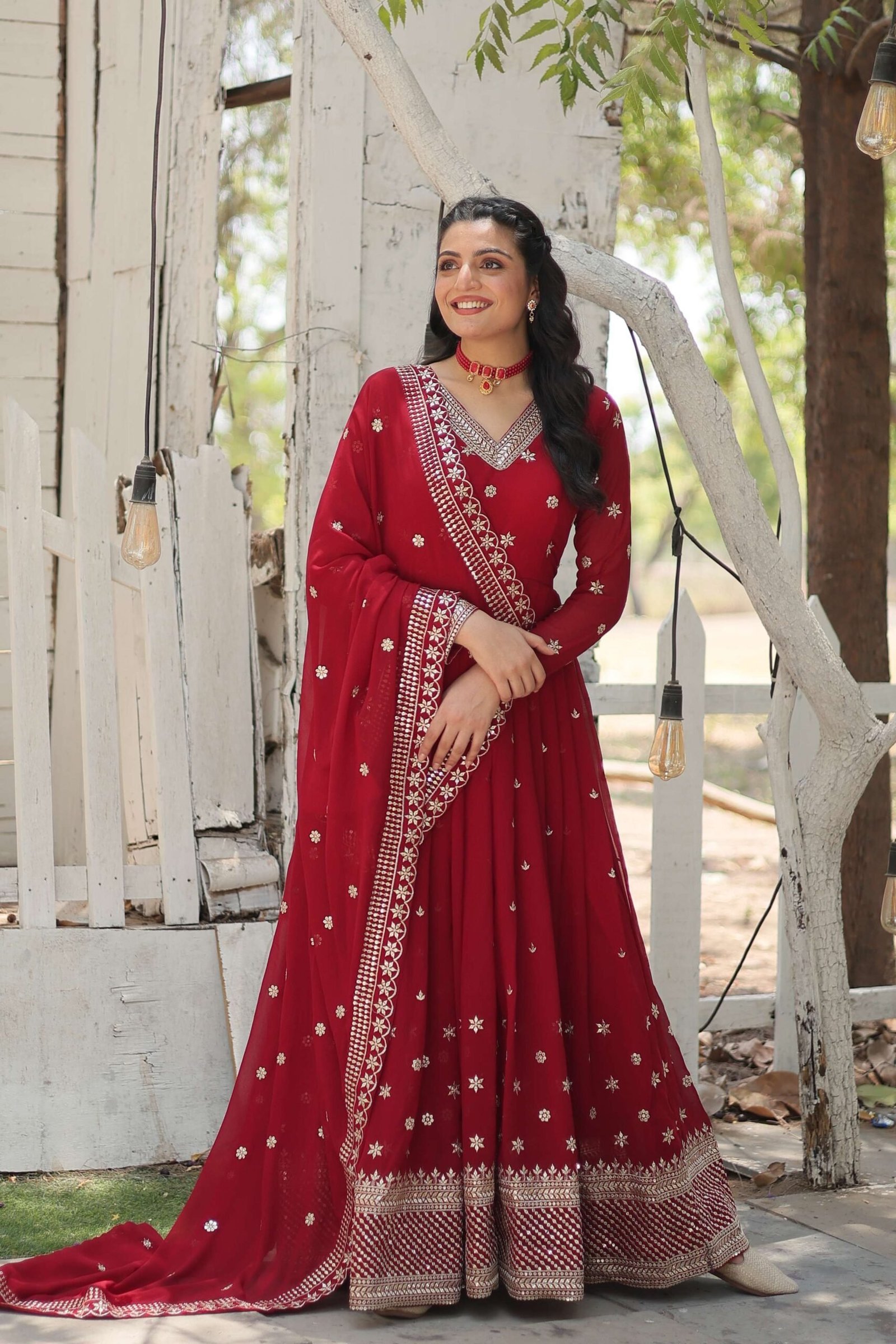 Maroon Designer Faux Blooming Anarkali Gown with Sequins Embroidered Dupatta ? Wedding & Festive Wear