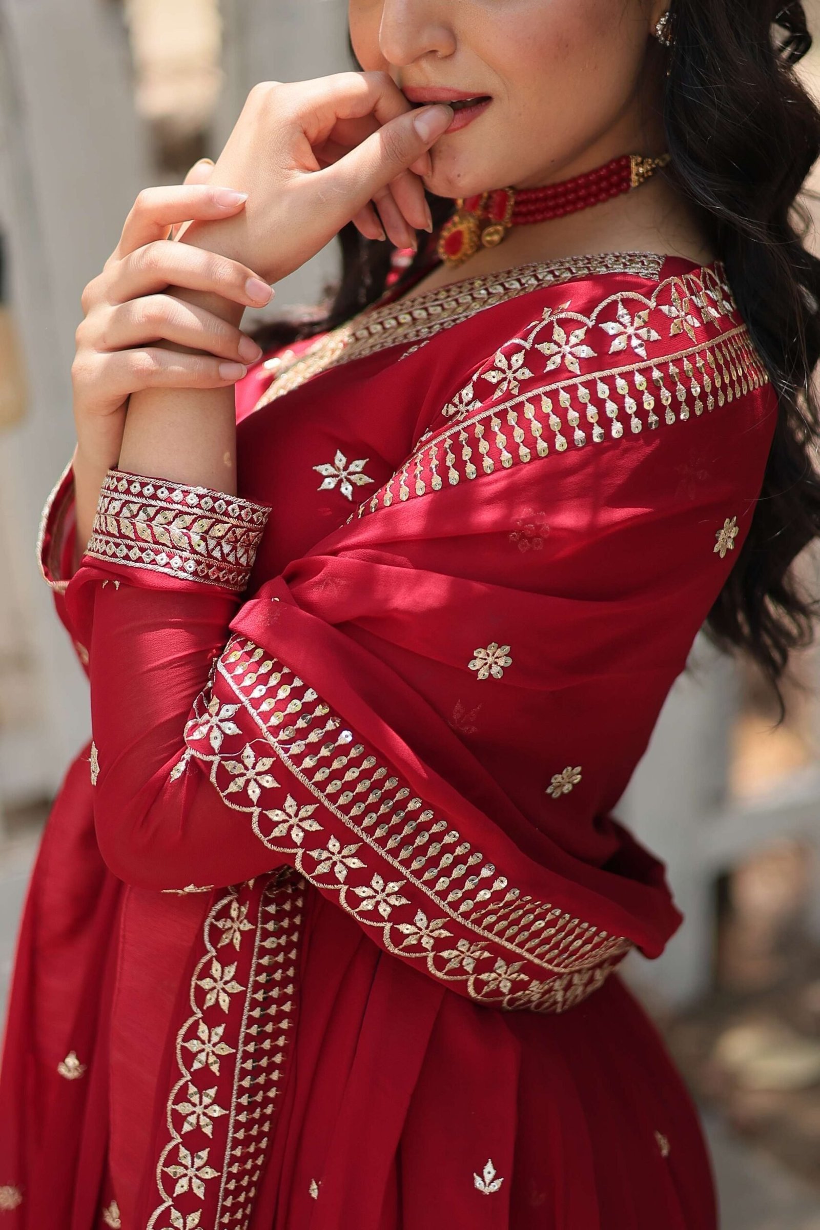 Maroon Designer Faux Blooming Anarkali Gown with Sequins Embroidered Dupatta ? Wedding & Festive Wear