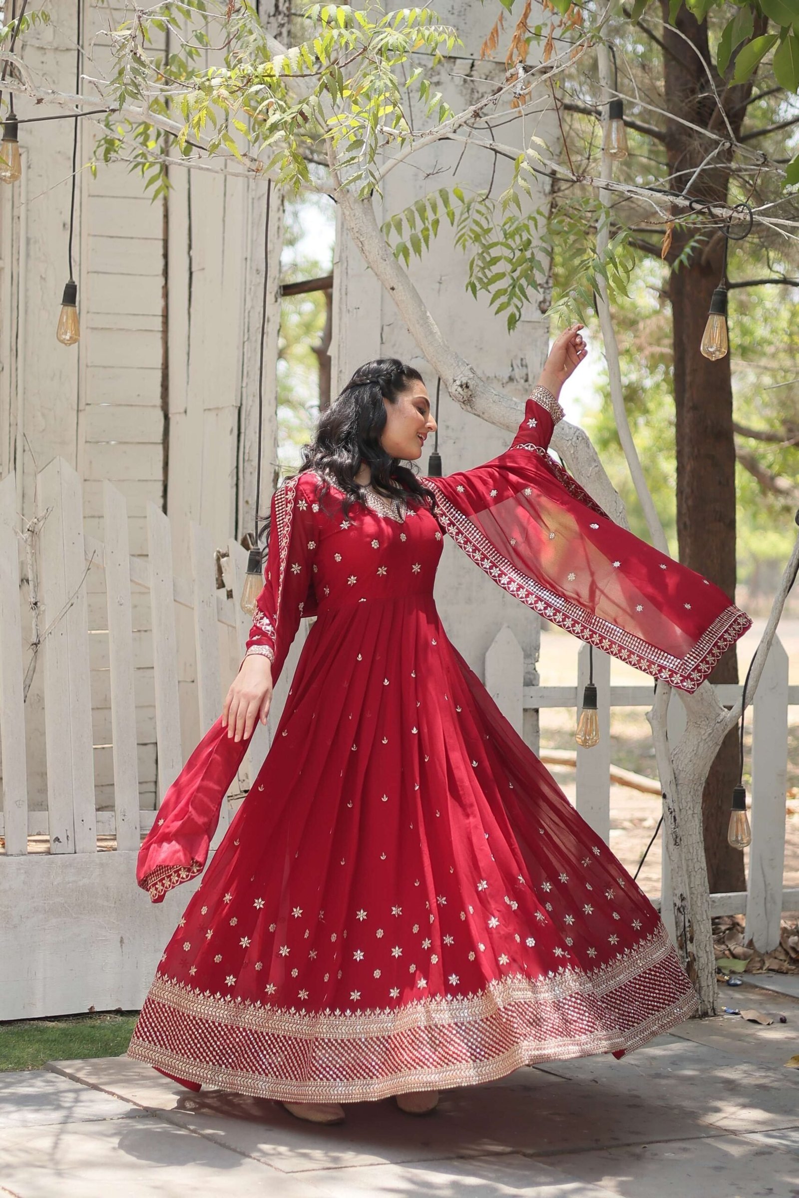Maroon Designer Faux Blooming Anarkali Gown with Sequins Embroidered Dupatta ? Wedding & Festive Wear