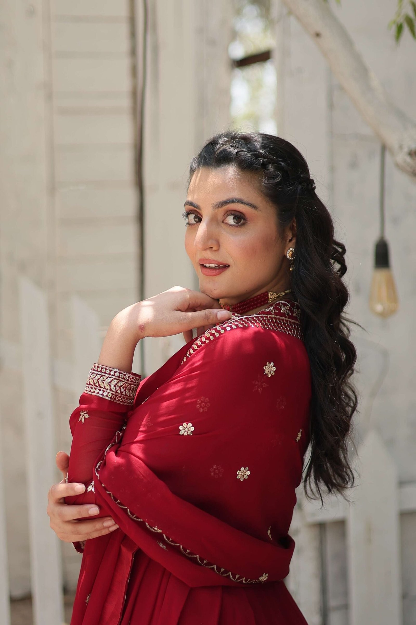 Maroon Designer Faux Blooming Anarkali Gown with Sequins Embroidered Dupatta ? Wedding & Festive Wear