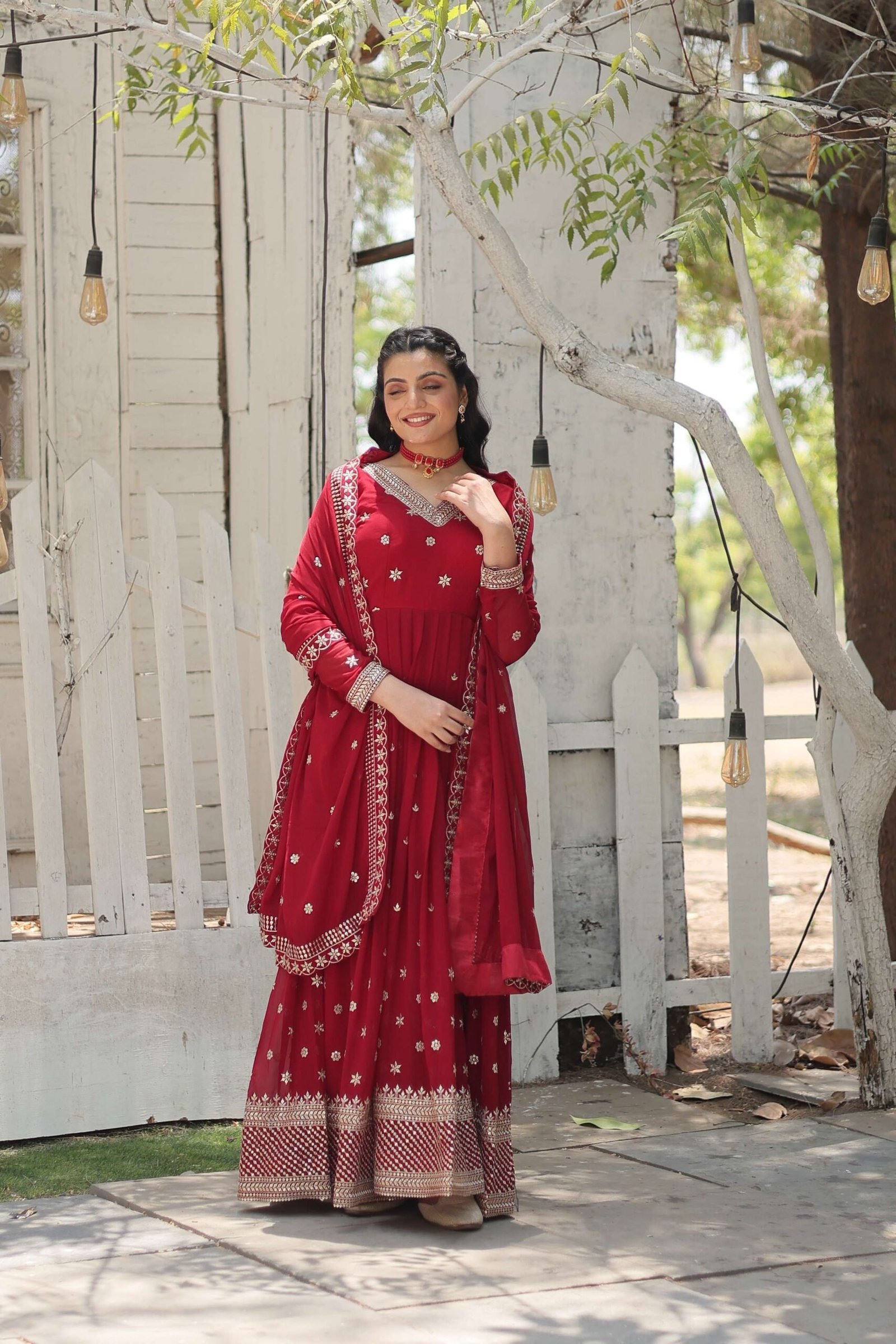 Maroon Designer Faux Blooming Anarkali Gown with Sequins Embroidered Dupatta ? Wedding & Festive Wear