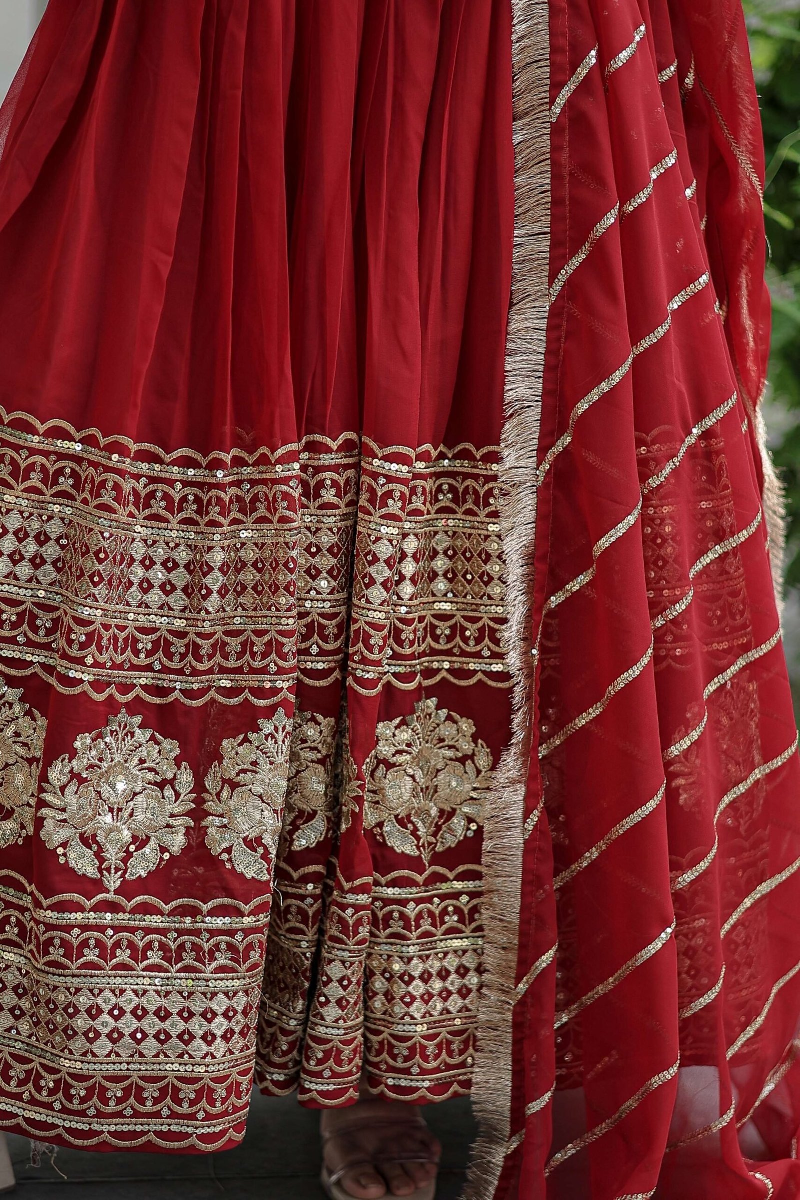 Maroon Faux Blooming Designer Gown with Sequined Dupatta & Lace Border ? Premium Ready-to-Wear Set