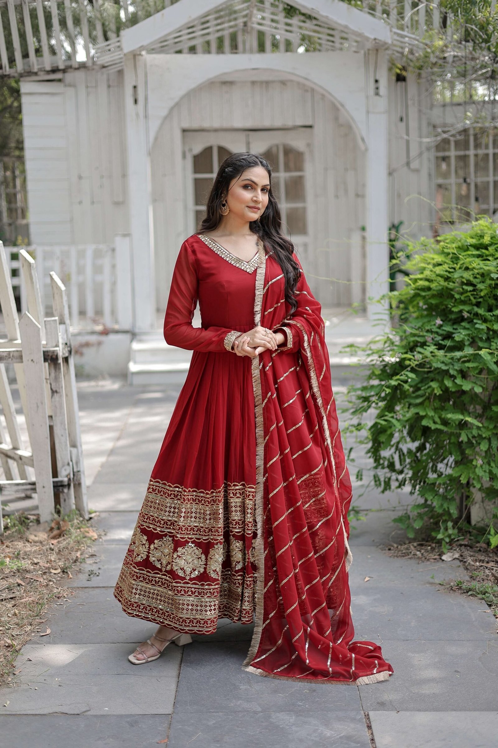 Maroon Faux Blooming Designer Gown with Sequined Dupatta & Lace Border ? Premium Ready-to-Wear Set