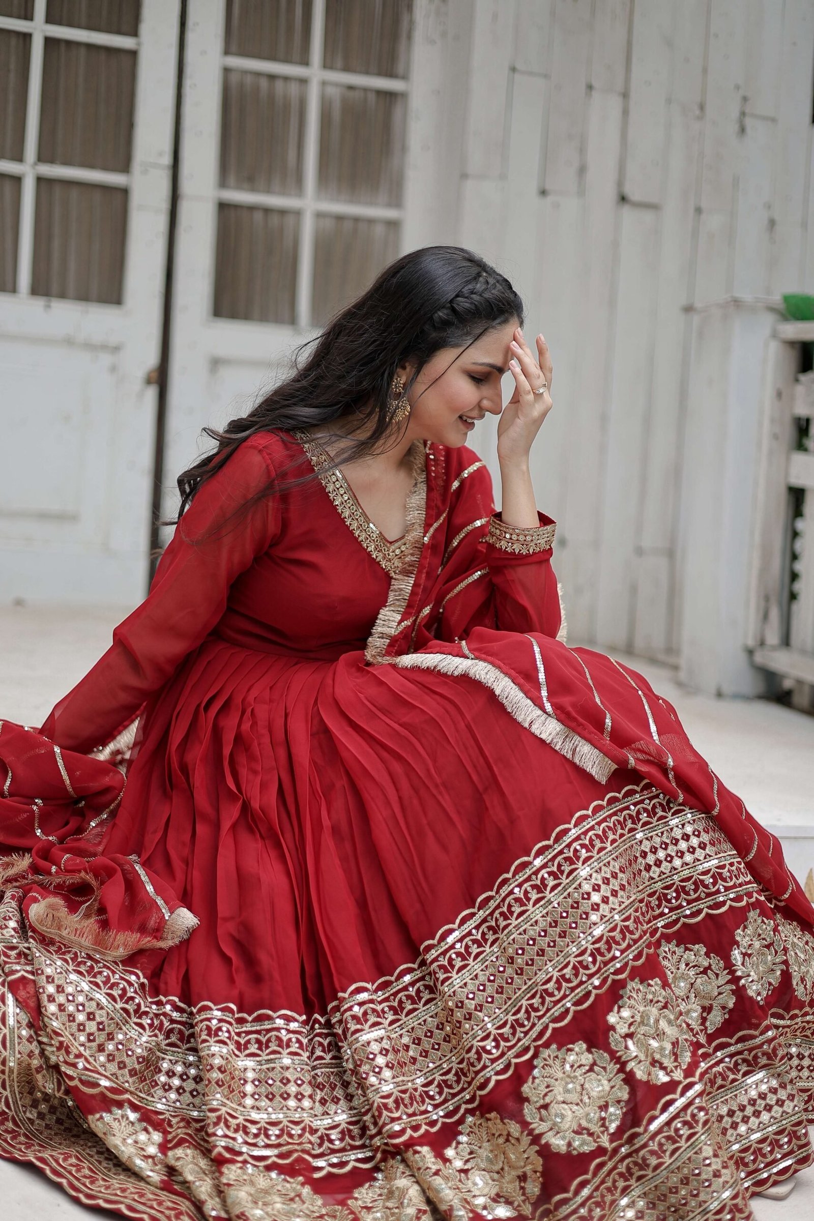 Maroon Faux Blooming Designer Gown with Sequined Dupatta & Lace Border ? Premium Ready-to-Wear Set