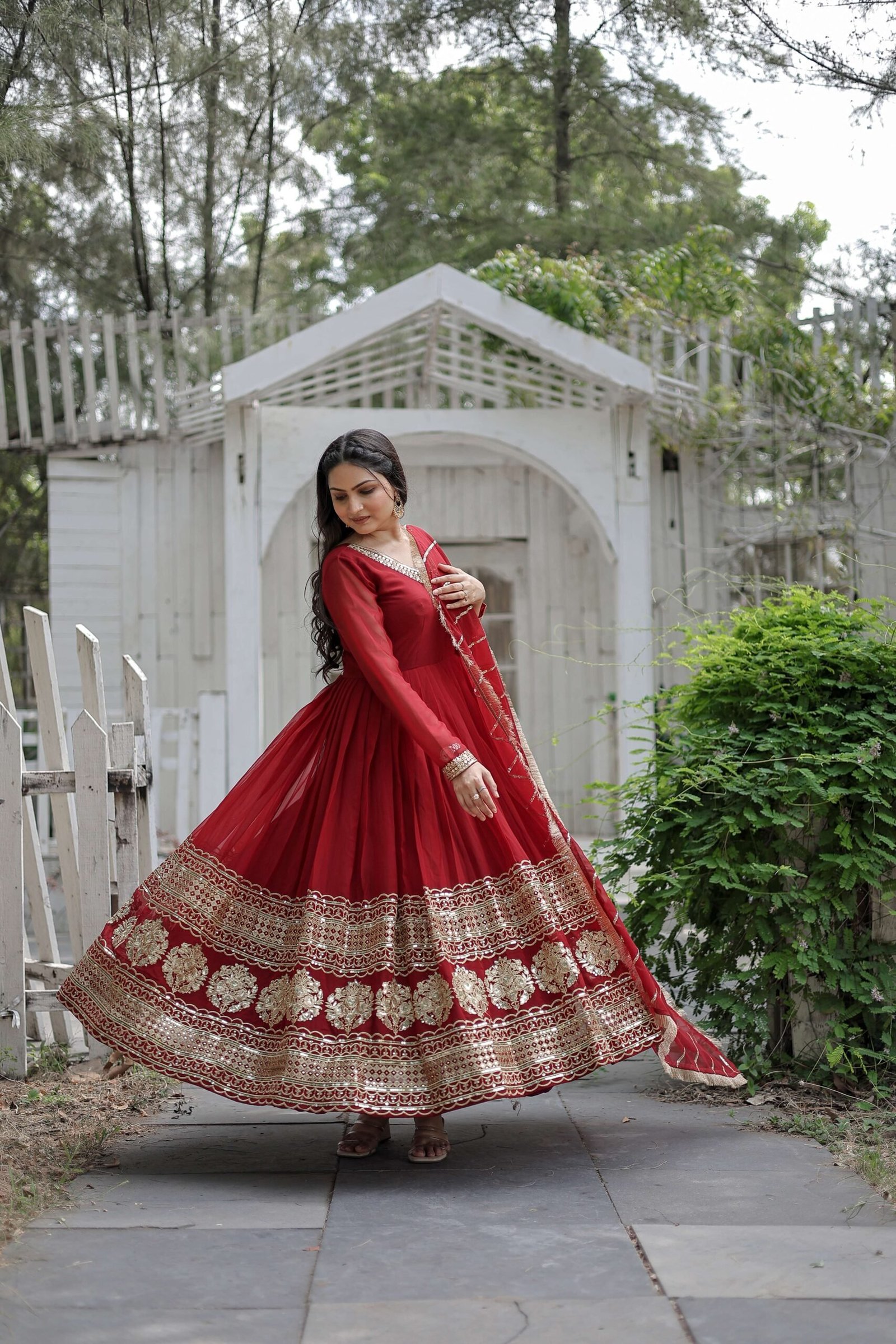 Maroon Faux Blooming Designer Gown with Sequined Dupatta & Lace Border ? Premium Ready-to-Wear Set