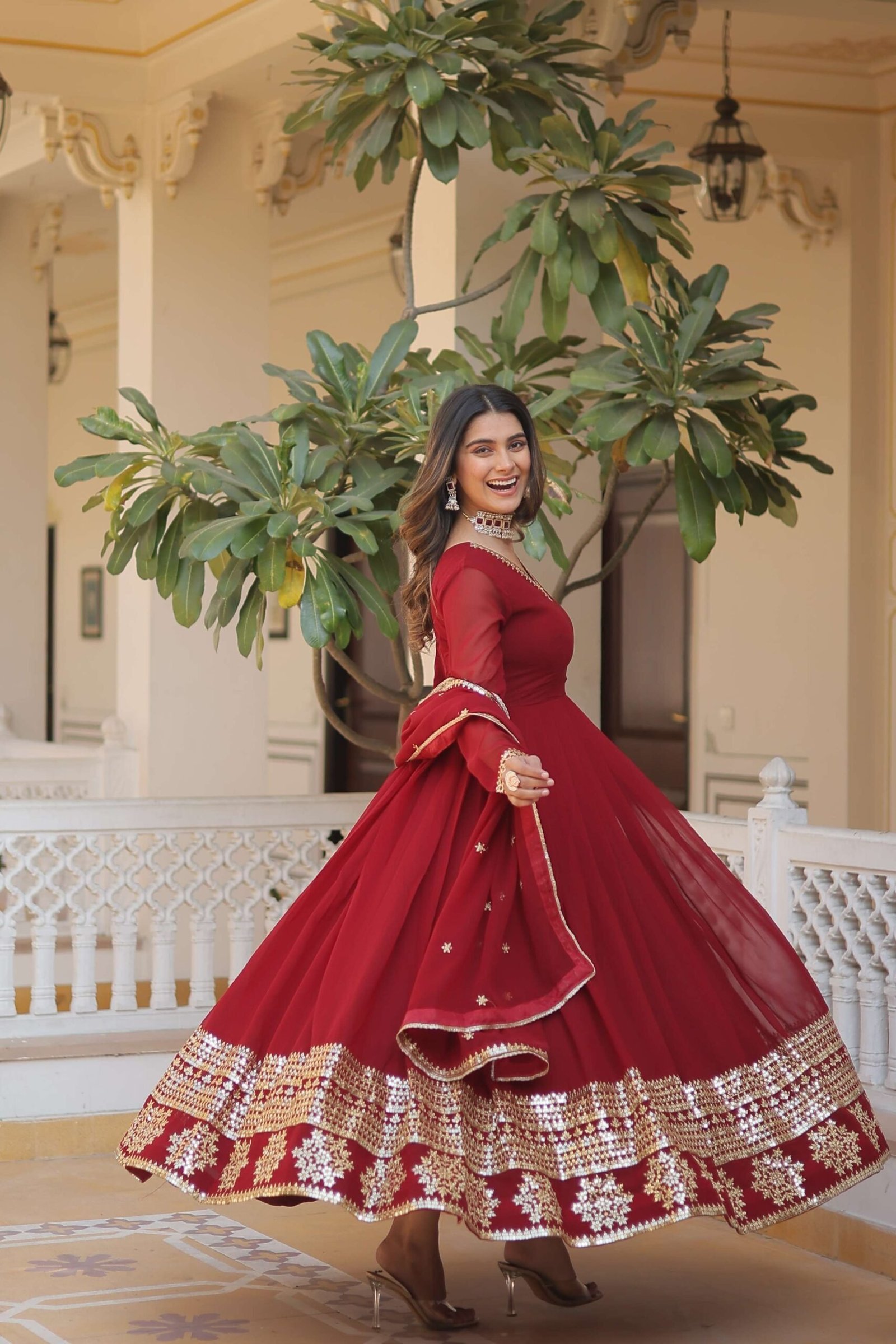 Maroon Faux Blooming Gown with Sequined Dupatta ? Elegant Fully Flared Party & Wedding Set